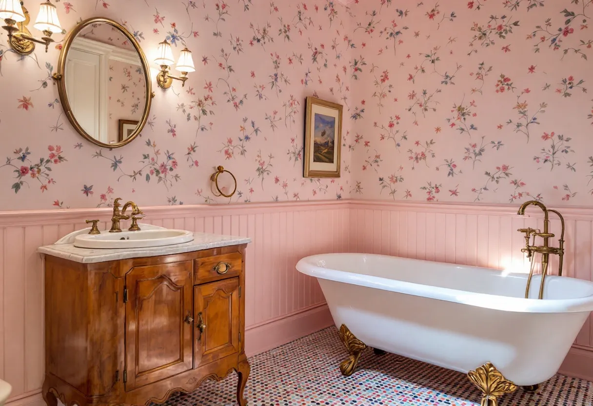 This cute bathroom exudes a charming vintage vibe, with its delicate floral wallpaper adorning the walls and creating a cozy and inviting atmosphere. The pink background of the wallpaper, dotted with colorful flowers, adds a touch of whimsy and warmth to the space. The wooden vanity, with its classic design and elegant marble countertop, complements the retro theme beautifully. The gold fixtures bring a hint of luxury and sophistication, enhancing the overall aesthetic of the room.

The centerpiece of the bathroom is undoubtedly the classic clawfoot tub, which sits gracefully on ornate golden feet. This elegant bath not only provides a delightful area for relaxation but also serves as a striking focal point. The flooring features a mosaic of small, multicolored tiles, adding an extra layer of detail and interest to the space. Soft lighting from the wall-mounted sconces completes the look, casting a warm glow that accentuates the bathroom's quaint and charming character.