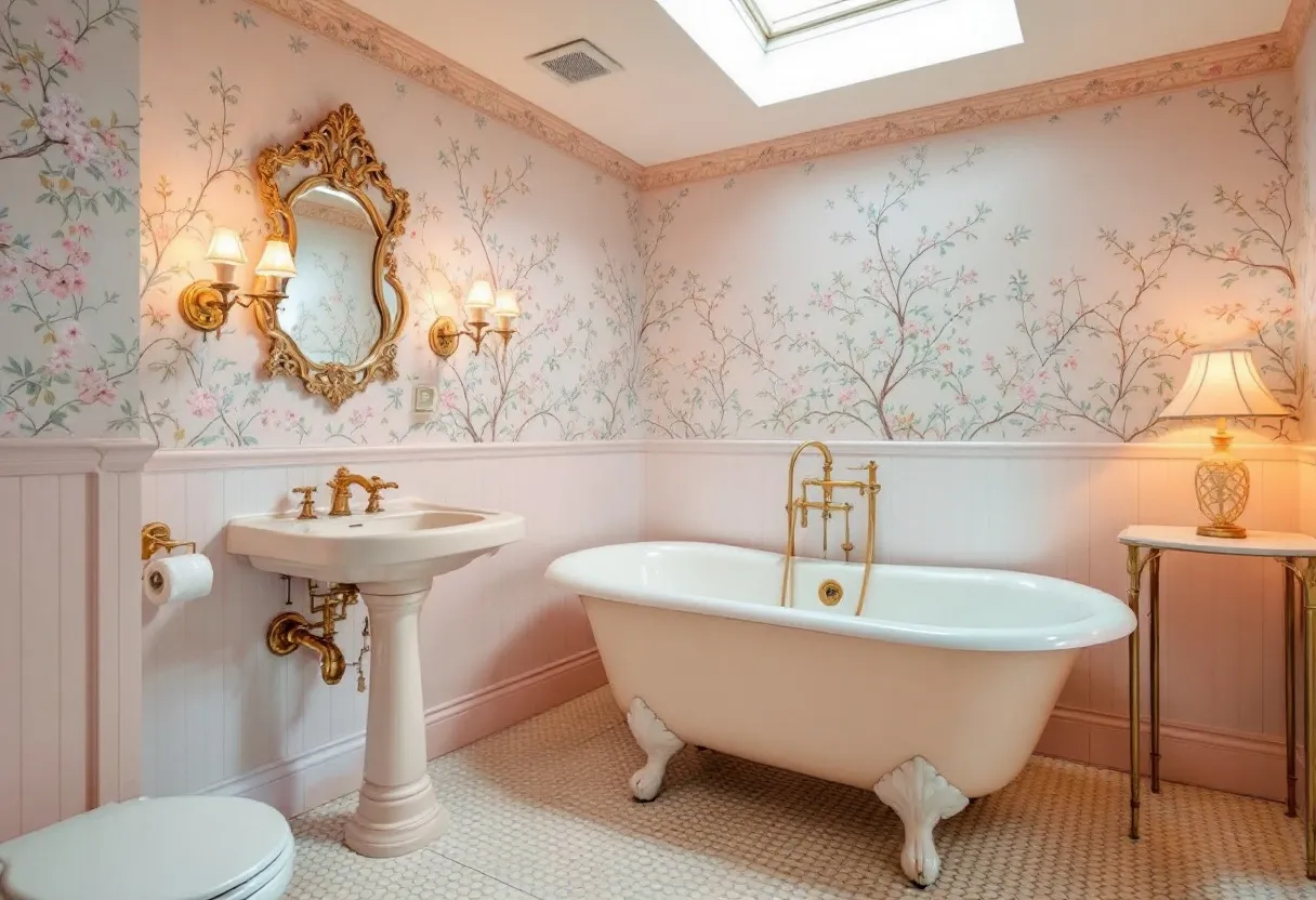 This cute bathroom exudes a charming vintage vibe with its elegant clawfoot bathtub and ornate gold fixtures. The walls are adorned with delicate floral wallpaper, adding a soft, feminine touch to the space. A beautifully framed, gilded mirror above the pedestal sink complements the traditional style, while twin sconces provide a warm, inviting glow. The soft pastel colors and intricate details create an atmosphere of timeless elegance.

The bathroom's design is further enhanced by the subtle use of natural light, thanks to a skylight that adds an airy feel to the room. The small table with a decorative lamp adds a cozy ambiance, perfect for relaxation. With its harmonious blend of classic features and dainty accents, this bathroom offers a serene and inviting retreat.