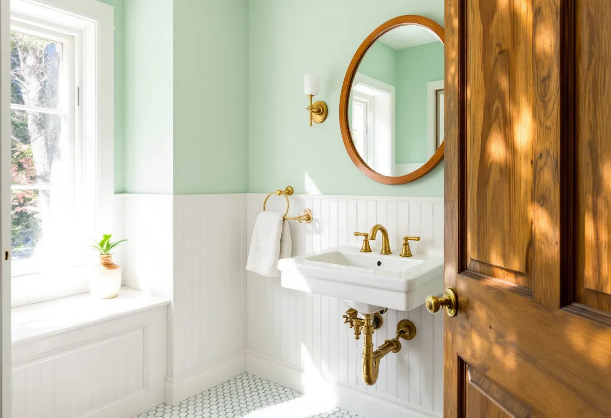 This cute bathroom exudes a charming and refreshing ambiance, emphasized by its soft pastel green walls and ample natural light pouring in from a nearby window. The sunlight creates a warm and inviting atmosphere, casting gentle shadows across the room. The simplicity of the design is complemented by the white wainscoting that lines the lower half of the walls, adding a touch of classic elegance. A small plant perched on the windowsill adds a hint of nature, contributing to the room's fresh and airy feel.

The bathroom’s fixtures further enhance its appeal, featuring brass hardware that brings a touch of vintage warmth and sophistication. The brass elements include the faucets, towel holder, and details around the oval mirror, perfectly coordinating with the door’s natural wood finish. The hexagonal tile flooring adds a subtle pattern and texture, contributing to the overall harmonious design. The sink's elegant, integrated design further complements the space, contributing to a neat and organized appearance.