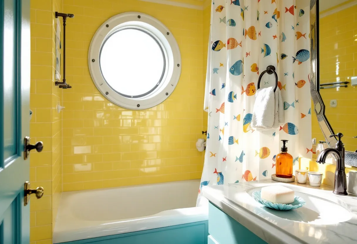 This cute bathroom features a delightful blend of bright yellows and calming blues, creating a cheerful and inviting atmosphere. The walls are adorned with vibrant yellow tiles that radiate warmth, contrasting beautifully with the teal blue accents. A porthole-style window adds a nautical feel, allowing natural light to stream in and brighten the space further. The bathtub, snugly set against the wall, complements the bathroom's lively aesthetic.

A fun and colorful shower curtain decorated with various fish patterns adds a playful touch, making the bathroom feel whimsical and child-friendly. The vanity area includes a light-colored countertop with elegant fixtures, and a turquoise cabinet below that ties in with the nautical theme. An amber glass soap dispenser and a neatly placed soap on a decorative dish emphasize the bathroom's charming and cozy style, making it both functional and appealing.