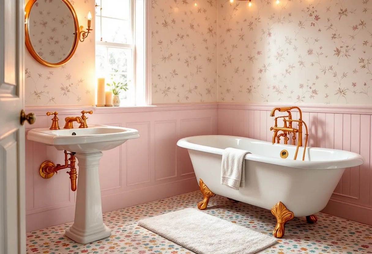 This cute bathroom exudes a charming vintage vibe, with its pastel pink paneling that runs halfway up the walls, perfectly complemented by wallpaper adorned with delicate floral patterns. The freestanding bathtub is a standout feature, with its classic clawfoot design and luxurious gold fixtures, lending an air of elegance and nostalgia to the space. A soft white towel drapes over the edge, inviting relaxation and comfort. The overall ambiance is one of warmth and coziness, further enhanced by the soft, diffused light pouring in from the window.

A whimsical touch is added by the floral patterned floor tiles, bringing a playful element to the room. The pedestal sink, also accompanied by gold fixtures, mirrors the bathtub’s aesthetic, maintaining a cohesive theme throughout. A round, gold-framed mirror hangs above the sink, adding both functionality and a stylistic flourish. The gentle glow from the wall-mounted light fixture beside the mirror creates a welcoming atmosphere, making this bathroom a delightful blend of style and homeliness.