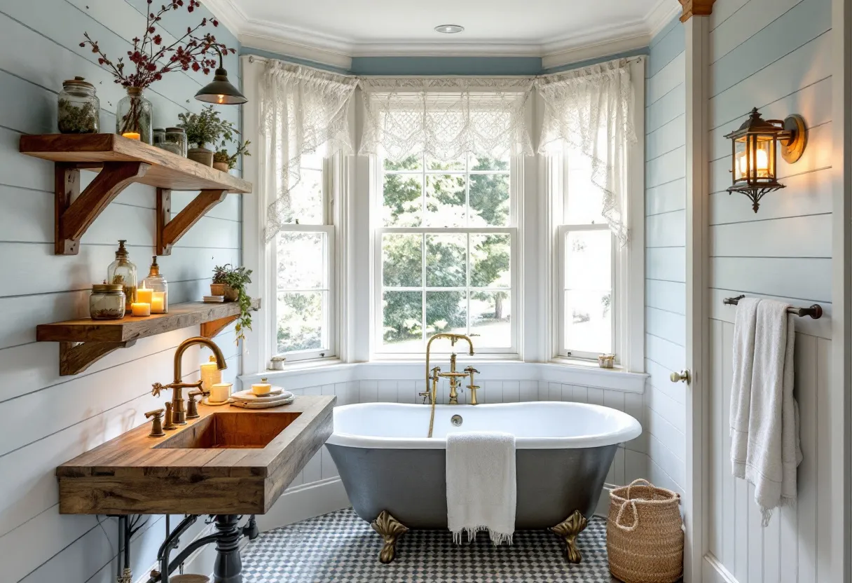 This cute bathroom exudes a cozy and rustic charm with its tasteful use of materials and colors. The soft blue shiplap walls create a serene backdrop, enhancing the room's calming ambiance. A beautiful and inviting freestanding bathtub with elegant brass fixtures takes center stage in front of a bay window, framed by delicate lace curtains that diffuse natural light. The window provides a picturesque view and contributes to the overall airy feel of the space.

Warmth is added to the room through the use of natural wood elements, such as the sink and open shelves, which are adorned with an assortment of candles and plants. These elements introduce a touch of nature and a sense of warmth to the room. The patterned floor tiles add a playful yet sophisticated touch, complementing the rustic elements. The thoughtfully placed vintage-style wall sconces cast a soft, inviting glow, making this bathroom a perfect retreat for relaxation and tranquility.