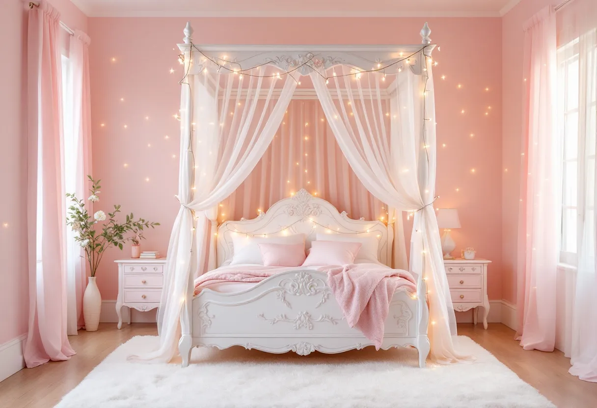 This cute bedroom exudes a charming and whimsical ambiance, perfect for relaxation and daydreaming. The room is adorned in soft pastel pink hues, creating a warm and inviting atmosphere. The canopy bed is elegantly designed with intricate carvings, draped with sheer, flowing white curtains that add a touch of romance. Twinkling fairy lights hang delicately around the bed, casting a gentle, magical glow throughout the space.

The decor is thoughtfully curated, with matching bedside tables flanking the bed. Each table holds a small, stylish lamp, and one has a simple vase with flowers, adding a natural element to the room. The light-colored, plush rug underfoot enhances the coziness, inviting one to sink their feet into its softness. Gentle sunlight filters through sheer pink curtains at the windows, completing this delightful sanctuary.