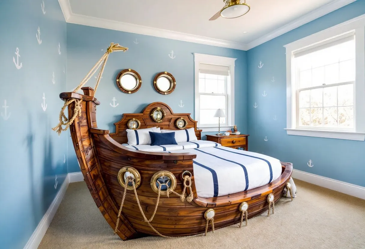 This cute bedroom features a charming nautical theme that is vividly brought to life by the unique bed designed to resemble a ship. The wooden ship frame, complete with ropes and portholes, creates a whimsical and adventurous atmosphere perfect for a young sailor at heart. The blue and white bedding complements the maritime theme beautifully, adding a touch of classic nautical style. On the walls, calming blue hues are adorned with white anchor motifs, enhancing the room's coastal vibe.

The room's decor is thoughtfully arranged with details that add to the seafaring ambiance. Circular mirrors resembling ship's windows are mounted on the wall above the bed, echoing the porthole design below. A wooden nightstand with a simple, elegant design sits beside the bed, topped with a white lamp that provides a warm, inviting glow. Two large windows allow ample natural light to flood the room, adding to the fresh and airy feel of this delightful space.