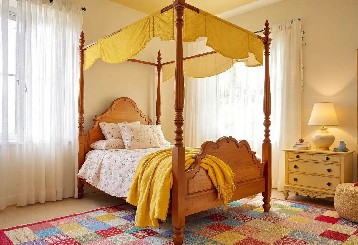 This cute bedroom exudes warmth and charm with its tasteful design elements and cozy atmosphere. The centerpiece is a delightful wooden canopy bed, adorned with a cheerful yellow canopy that matches the vibrant yellow throw draped over the bed. Floral-patterned bedding adds a touch of whimsy and complements the room's sunny disposition. The soft lighting filters through sheer white curtains, creating a serene and inviting ambiance.

The room is decorated with thoughtful touches that enhance its playful yet sophisticated theme. A colorful patchwork rug fills the floor, adding a burst of color and pattern to the space. A light-colored nightstand sits beside the bed, topped with a simple yet elegant lamp that provides gentle illumination. The combination of colors and elements in this bedroom makes it a perfect retreat, inviting relaxation and delightful dreams.