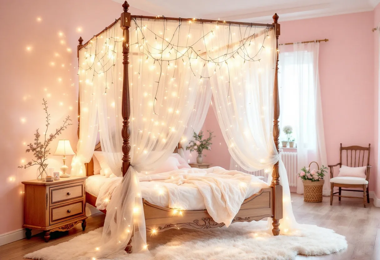 This cute bedroom features an enchanting and dreamy atmosphere, dominated by soft, warm hues. A four-poster bed, draped in sheer white curtains, takes center stage, adorned with twinkling fairy lights that cast a magical glow across the room. The bed is dressed in plush bedding, which adds to the cozy and inviting feel. The warm pink walls further enhance the ambient light, creating a soothing backdrop that encourages relaxation and tranquility.

The room includes charming wooden furniture, such as a bedside table with a small, elegant lamp that complements the overall aesthetic. A vase with delicate flowers adds a touch of nature, enhancing the serene vibe. A soft, fluffy rug on the floor invites barefoot strolls, while a simple wooden chair with a cushion provides a quaint seating option. Light floods in through the sheer curtains, making the space feel airy and bright, perfect for unwinding.