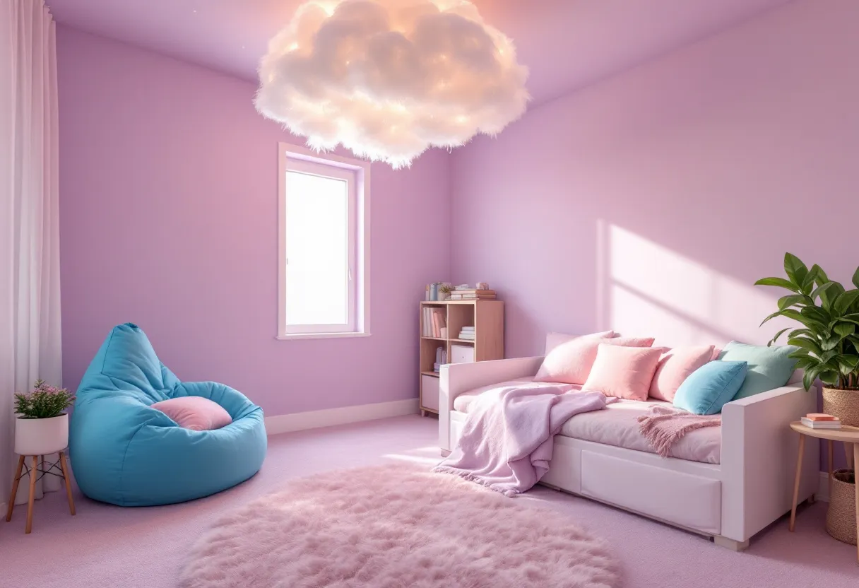 This cute bedroom features soft pink walls that create a warm and inviting atmosphere. The cozy white daybed is adorned with an array of pastel-colored pillows, adding a cheerful touch. A fluffy pink rug on the floor enhances the room's cozy feel. The magical cloud-shaped light fixture hanging from the ceiling adds a whimsical element, casting a gentle glow across the space.

In the corner, a bright blue bean bag sits, offering a comfy spot to relax and read. A simple wooden shelf holds a few neatly arranged books and decorative items, providing functional storage. A touch of greenery from the potted plant on the small side table adds a fresh, lively accent to the room. Altogether, the design emphasizes comfort and playfulness, making it an ideal retreat.