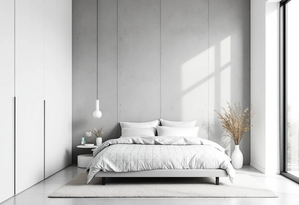 This cute bedroom exudes a serene and minimalist charm, with its clean lines and subtle color palette. The soft gray walls create a calming backdrop, complemented by the white furniture and bedding. The bed is inviting, adorned with fluffy pillows and a cozy, quilted duvet that adds texture and warmth. Natural light floods the room through the large window, highlighting the simplicity and elegance of the space.

The room is thoughtfully decorated with a few carefully chosen accents. A pendant light hangs gracefully above a sleek, round side table, which holds a small vase of delicate flowers. On the other side of the bed, a larger vase with dried branches brings an earthy element, contrasting beautifully with the modern aesthetic. The plush rug underfoot adds a touch of comfort, completing the room's balanced and harmonious atmosphere.