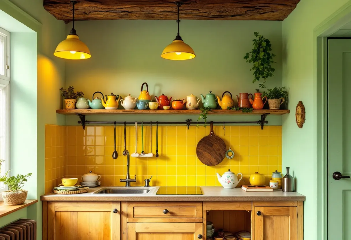 This cute kitchen exudes charm and warmth with its vibrant color scheme and rustic elements. The walls are painted a soft shade of green, harmonizing beautifully with the bright yellow tiles that form an eye-catching backsplash. A series of colorful teapots adorn the wooden shelf above the counter, adding whimsy and a splash of personality to the space. The interplay of various colors and the greenery adorning the shelf contribute to the kitchen’s inviting atmosphere.

The natural wood cabinetry and countertops enhance the cozy, rustic feel of the kitchen. A small window lets in ample natural light, accentuating the cheerful ambiance. Two pendant lights with warm yellow shades provide additional illumination, casting a gentle glow over the sink and countertop. Overall, this kitchen’s design balances practicality with artistic flair, creating a space that is both functional and delightfully charming.