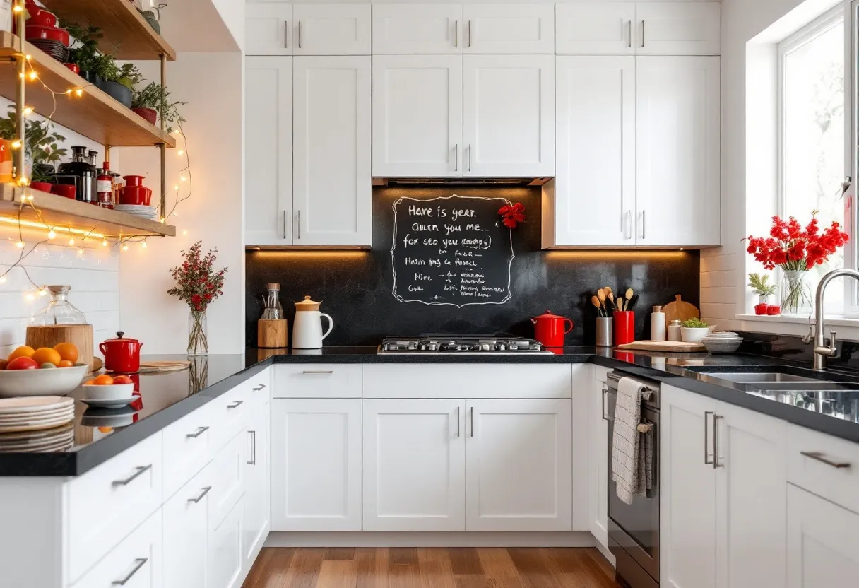 This cute kitchen exudes warmth and charm with its cozy and inviting layout. The white cabinetry offers a clean and bright atmosphere, perfectly complementing the darker countertop surfaces. The natural light from the window adds a touch of brightness, enhancing the vibrant colors found throughout the space. A chalkboard backsplash adds a playful and personal touch, providing an area for doodles or notes. The open shelves on the left feature a charming collection of kitchen essentials, with cheerful red and orange accents that pop against the neutral backdrop.

The decor in this kitchen embraces a whimsical and festive style, emphasized by the string lights adorning the shelves. Fresh plants and flowers bring a touch of nature inside, softening the space and adding lively splashes of color. The neatly arranged utensils and cookware create an organized yet lived-in feel. With its harmonious blend of functionality and style, this kitchen captures a perfect balance of practicality and aesthetic delight, making it a delightful space to cook and gather in.