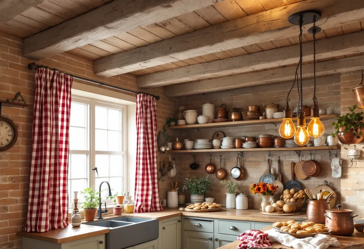 This cute kitchen exudes a cozy, rustic charm with its warm brick walls and exposed wooden beams. The soft, natural light filters through the red-and-white checkered curtains, adding a cheerful touch to the space. A farmhouse sink set into wooden countertops anchors the room, surrounded by an array of potted herbs and flowers that enhance the kitchen's homey and inviting atmosphere. The warm tones of the countertops and walls create a harmonious balance with the painted cabinetry, creating an overall sense of warmth and comfort.

The kitchen’s open shelves are neatly arranged with an assortment of copper pots, pans, and ceramic dishes, hinting at both functionality and a love for cooking. These shelves, along with the hanging utensils, add an element of practicality while contributing to the overall rustic aesthetic. An inviting display of freshly baked goods on the countertop suggests a bustling kitchen where delicious meals are frequently prepared. The vintage-style pendant lights hanging above provide both illumination and a stylish touch, completing the cozy and welcoming feel of this charming kitchen.