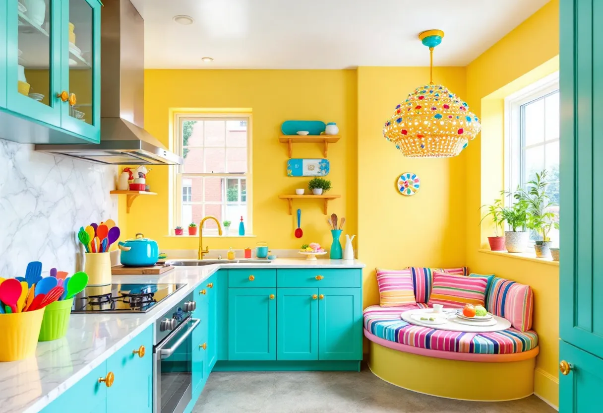 This cute kitchen is a vibrant and cheerful space, bursting with color and personality. The bright yellow walls create a warm and inviting atmosphere, enhanced by the abundance of natural light streaming in through the large windows. The turquoise cabinets and drawers add a playful contrast, making the space feel lively and dynamic. The countertops feature a sleek, marble-like finish, providing a clean and modern touch that balances the colorful elements. Above the stove, the stainless steel range hood complements the polished look, while open wooden shelves display a variety of charming and colorful kitchen items.

A unique feature of this kitchen is the cozy corner bench with its circular design, adorned with striped cushions in varying shades of pink, purple, and blue. This delightful nook offers a perfect spot for casual dining or simply relaxing with a book. Nearby, a collection of potted plants on the window sill adds a touch of greenery, bringing a bit of the outdoors inside. The playful chandelier, adorned with multicolored beads, hangs overhead, casting a whimsical and enchanting feel throughout the room. Together, these elements create an eclectic and joyful environment that makes the kitchen not just a place for cooking, but a heartwarming retreat within the home.