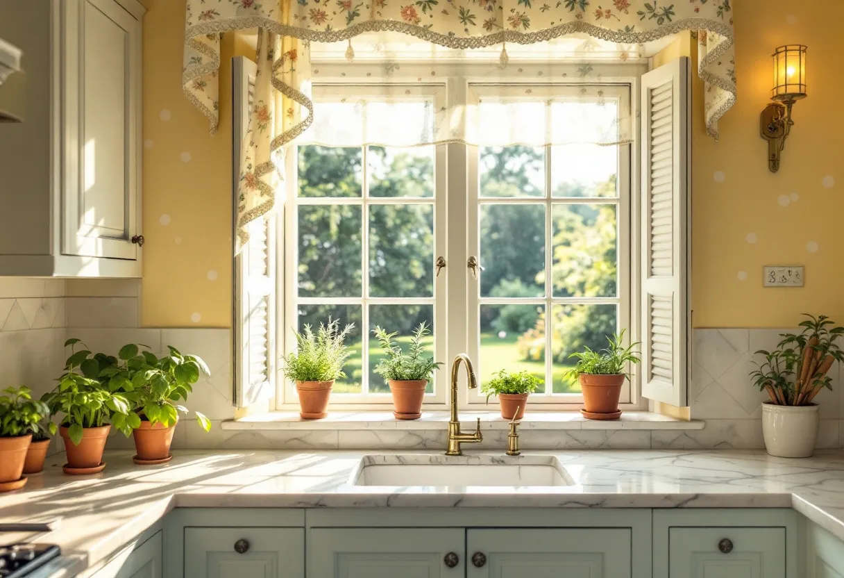 This cute kitchen exudes charm and warmth, creating a cozy and inviting atmosphere. The soft yellow walls enhance the natural light flooding in through a large window, which features delicate floral curtains that add a touch of whimsy. Potted plants perched on the windowsill bring in a fresh and lively element, while the lush greenery outside offers a picturesque view, blurring the lines between indoors and outdoors. The classic marble countertop and white cabinets contribute to the kitchen's clean and timeless appeal.

The golden-hued faucet is a standout feature, catching the light and complementing the overall warm color palette. Sconces with intricate designs provide gentle lighting and additional character. The kitchen's layout, with its thoughtful arrangement of elements, reflects a balance of functionality and style, making it not only a space for cooking but also for relaxation and gathering. This kitchen truly feels like the heart of the home, where every detail is thoughtfully curated to create a harmonious blend of warmth and practicality.