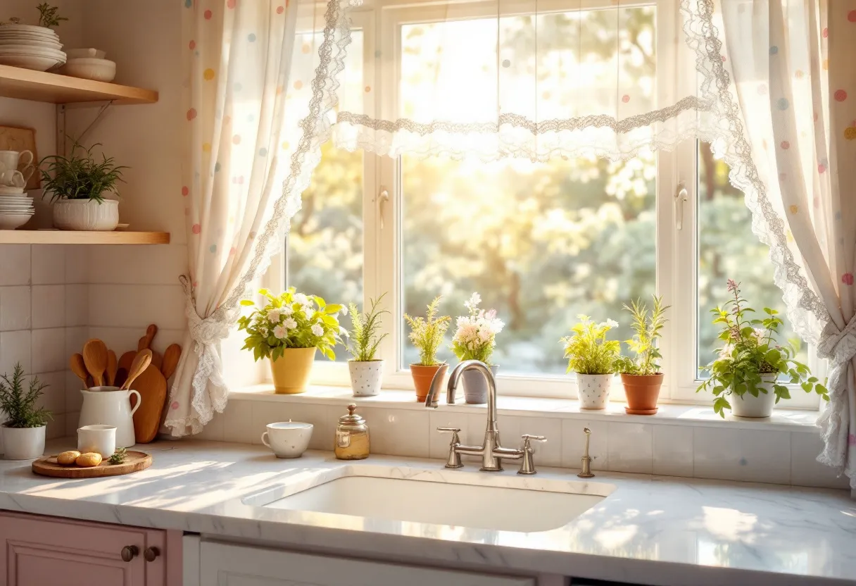 This cute kitchen exudes charm and warmth, with natural light streaming in through a large window, adorned with delicate lace curtains featuring colorful polka dots. The bright sunlight casts a cheerful glow over the white marble countertop, accentuating the cleanliness and freshness of the space. Along the windowsill, a delightful arrangement of small potted plants adds a touch of nature, with various shades of green and floral accents enhancing the kitchen's inviting atmosphere.

The kitchen’s cozy aesthetic is further complemented by wooden elements, such as the cutting board and utensils neatly organized in a white ceramic holder. Open shelving subtly showcases a collection of dishware, maintaining an open and airy feel. The combination of simplicity in design with thoughtful decorative touches makes this kitchen a perfect example of charming and functional space, ideal for both cooking and casual gatherings.