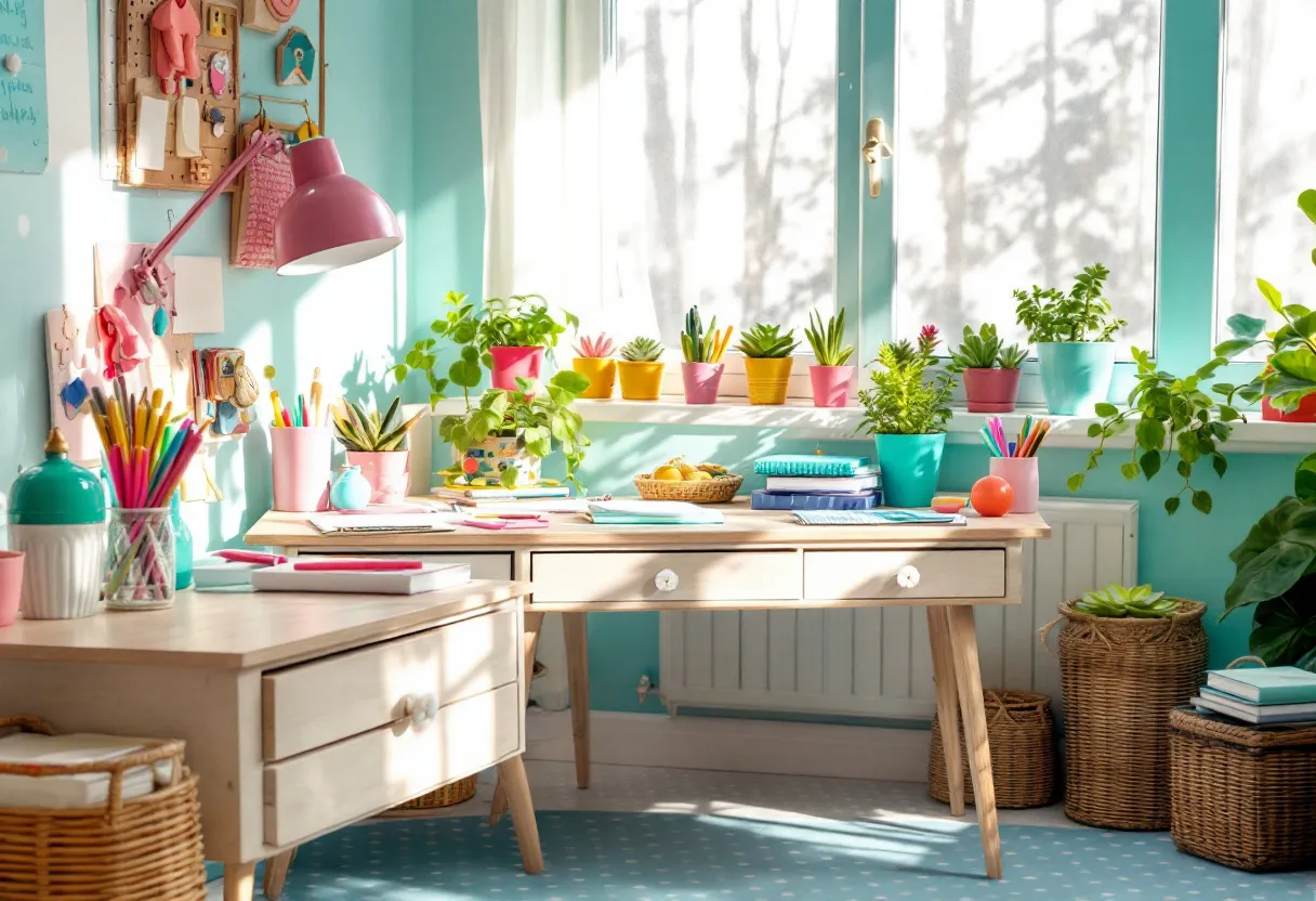 This cute office exudes a refreshing and lively atmosphere, bursting with vibrant colors and natural elements. The dominant theme is a pastel turquoise, which beautifully contrasts with the variety of colorful potted plants lining the windowsill. The sunlight streaming through the window adds a warm glow, enhancing the cheerful ambiance of the space. The desk is organized with colorful stationery, books, and an assortment of charming decor, creating an inviting and inspiring workspace.

Complementing the lively color palette are soft, wooden furniture pieces that add a touch of warmth and a natural aesthetic to the room. The wicker baskets provide additional storage while integrating seamlessly with the decor. A large, pink desk lamp adds a playful pop of color and ensures ample lighting. Overall, this office combines functionality with cheerful design elements, making it an ideal environment for creativity and productivity.