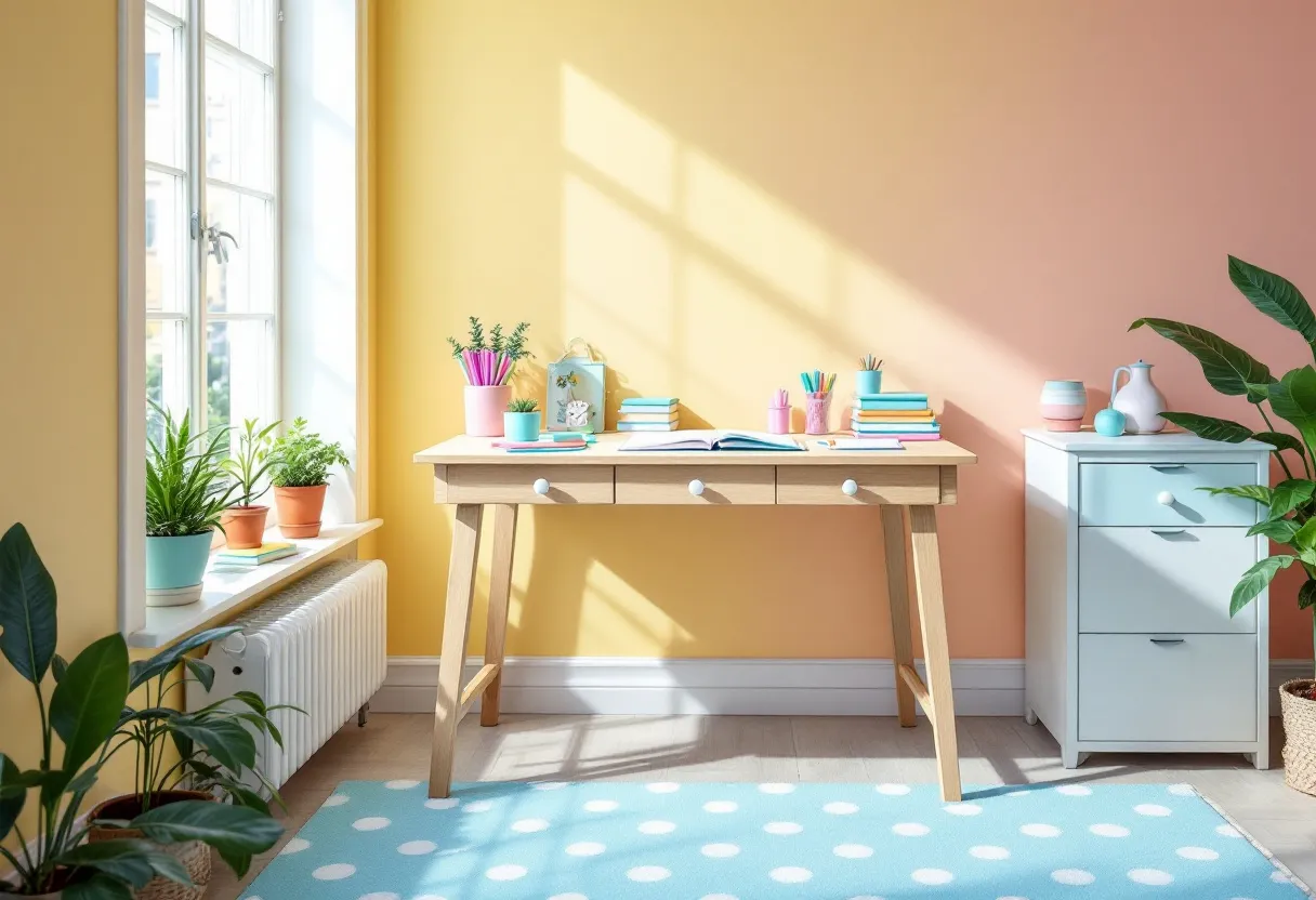 This cute office combines charm and functionality with its delightful color palette and thoughtful decor. The walls are painted in a warm, cheerful yellow that transitions into a gentle peach, creating a sunny and inviting atmosphere. The natural light streaming through the large window highlights the vibrant office setup. A wooden desk takes center stage, adorned with an assortment of colorful stationery, including pens, notebooks, and a stack of books. The potted plants scattered around the room add a touch of greenery, bringing life and freshness to the space.

The office is well-organized, featuring a small set of drawers to the side of the desk, painted in soft pastel blues that complement the room's color scheme. A cozy, polka-dotted rug in blue and white adds a playful touch underfoot, enhancing the friendly ambiance of the environment. The strategic placement of various plants on the window ledge and near the furniture creates a natural and calming backdrop, perfect for fostering productivity and creativity.