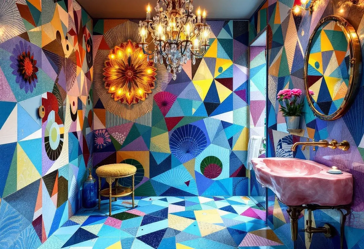 This eclectic bathroom is a visual explosion of geometric patterns and vivid colors, creating an atmosphere that's both vibrant and whimsical. The walls are adorned with an array of triangular shapes in a kaleidoscope of blues, yellows, pinks, and purples, seamlessly extending onto the floor. This dynamic use of pattern and color gives the room an energetic, almost three-dimensional feel. The inclusion of large, decorative wall hangings adds a unique, artistic element, drawing the eye and creating focal points within the vibrant chaos.

Complementing the lively walls is a luxurious chandelier, whose ornate design and warm light add a touch of elegance to the space. Below, a pink, sculptural sink becomes a striking centerpiece, harmonizing with the surrounding colors while standing out with its bold shape. The gold fixtures and round mirror, accompanied by a simple potted plant, bring together elements of sophistication and warmth, balancing the room’s overall eclectic vibe. This bathroom is not just a functional space but a statement of bold design and creativity.