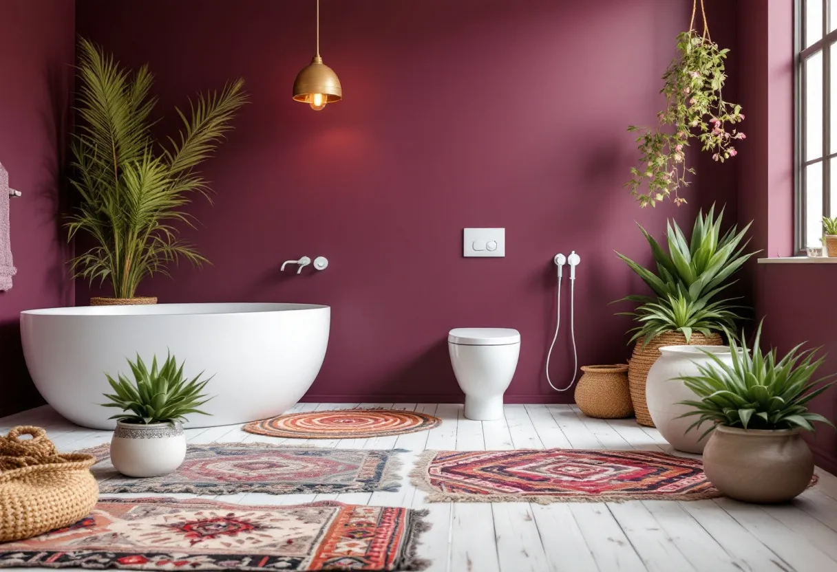 This eclectic bathroom is a vibrant blend of colors and textures, creating a cozy yet stylish atmosphere. The rich plum-colored walls provide a warm backdrop, elegantly contrasting with the sleek white fixtures, such as the modern freestanding bathtub and the toilet. The charm of the room is further enhanced by the array of decorative rugs sprawled across the painted wooden floor, adding a touch of bohemian flair with their intricate patterns and earthy tones.

Lush greenery is a prominent feature, with various plants strategically placed around the space. These natural elements, housed in a mix of woven and ceramic pots, introduce a fresh, organic feel that complements the room's color scheme. A single, understated pendant light hangs above, casting a soft glow that ties the whole room together, making it a perfect retreat for relaxation and rejuvenation.