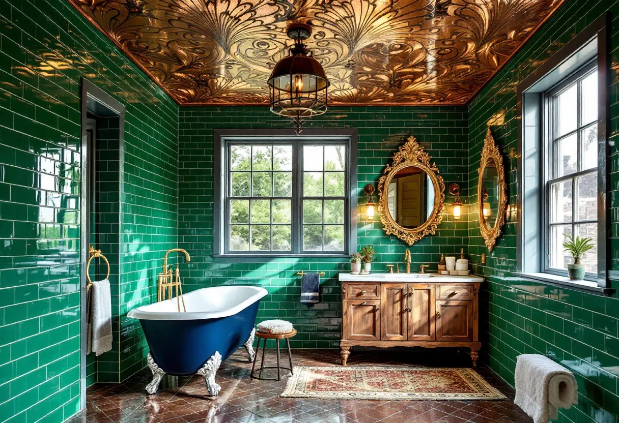 This eclectic bathroom exudes a rich and vibrant atmosphere, combining luxurious elements with bold colors. The striking green subway tiles covering the walls provide a visually arresting backdrop, adding depth and warmth to the space. This choice of color is complemented by natural light streaming through large windows, enhancing the room's inviting ambiance. The centerpiece of the bathroom is a classic freestanding bathtub with claw feet and a sleek navy exterior, which contrasts beautifully with the green tiles. Gold fixtures, including a towel ring and showerhead, add a touch of elegance and luxury, complementing the overall aesthetic.

Above, the intricately designed ceiling with its metallic gold patterns draws the eye upward, adding a sense of grandeur and opulence to the room. The ceiling's elaborate design reflects the room's artful blend of vintage and modern elements. A wooden vanity with a polished finish sits against the wall, its ornate golden mirrors elevating the space with a touch of traditional sophistication. Small details, such as the cushioned stool and vintage-style rug, add texture and coziness, making this bathroom not only a functional space but also a luxurious retreat.