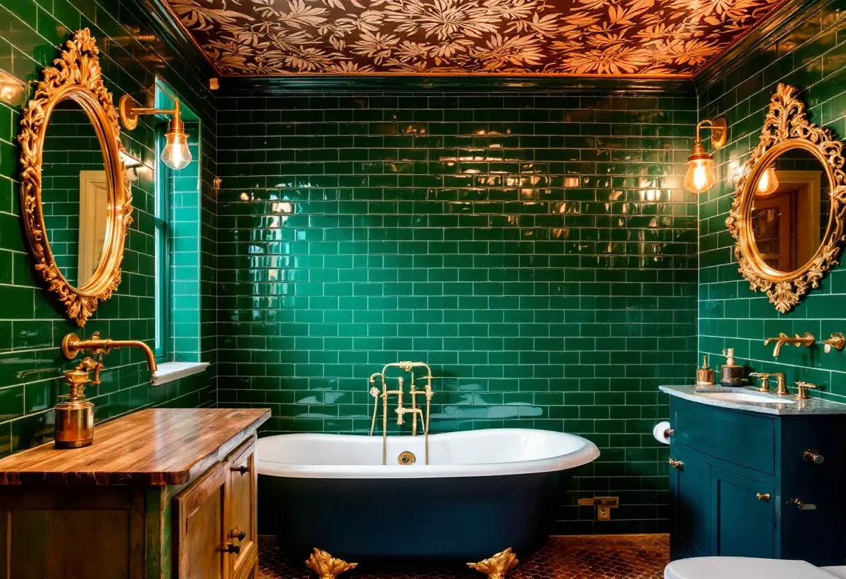 This eclectic bathroom boasts a rich combination of textures and colors, creating a visually striking ambiance. The walls are adorned with deep green subway tiles, which add a sense of depth and luxury, enveloping the room in a lush, almost forest-like aura. Complementing the green tiles is an ornately designed ceiling featuring a floral pattern in warm gold tones, infusing the space with an opulent and vintage charm. 

The centerpiece of the room is a classic freestanding bathtub with gold clawfoot details, which harmonizes elegantly with the other gold elements, such as the fixtures and decorative mirror frames. The wooden vanity introduces a rustic element, adding warmth and character to the overall design. Together, these elements create a space that feels both cohesive and intriguingly diverse, combining modern and retro influences in a sophisticated manner.