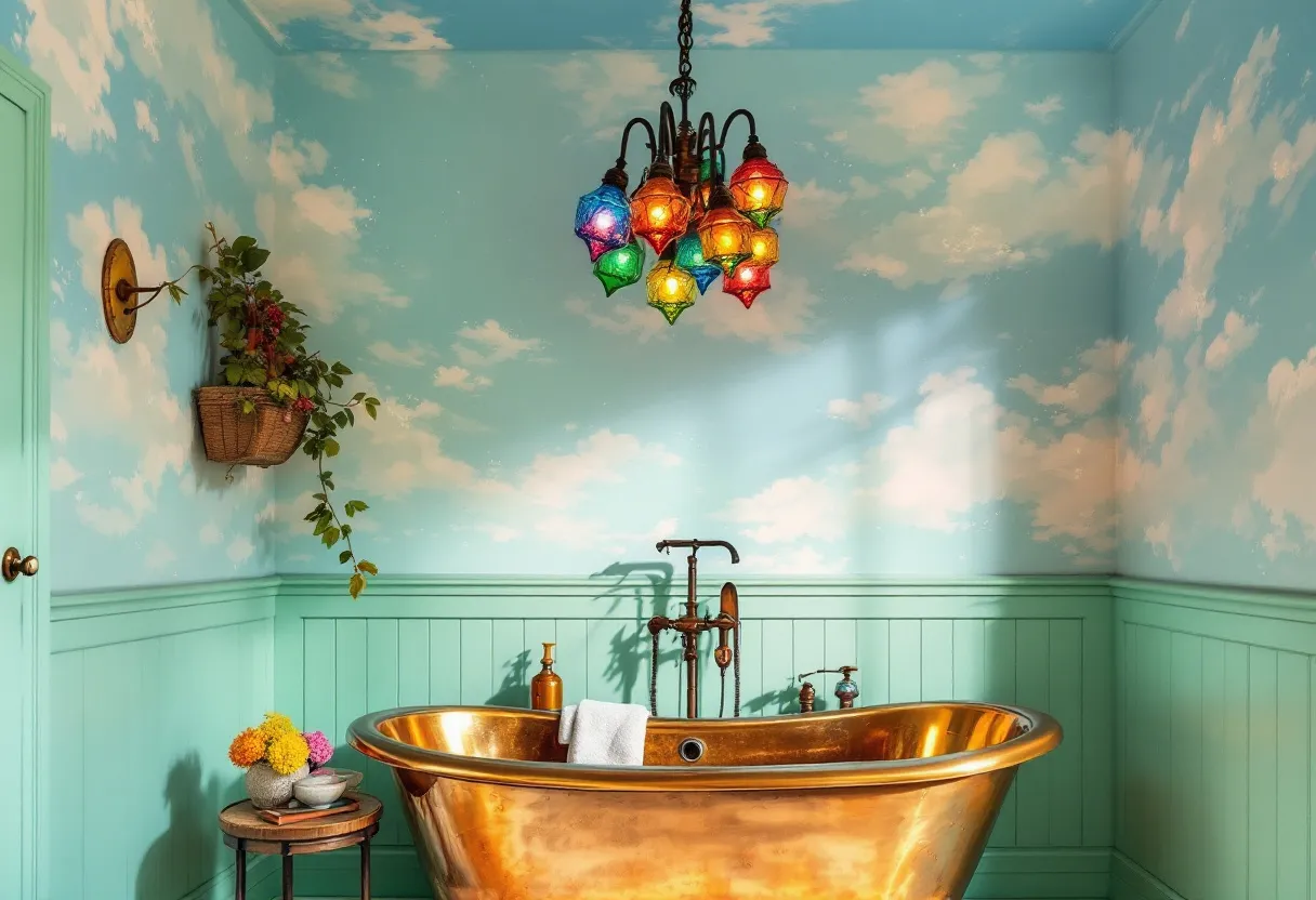 This eclectic bathroom is a vibrant blend of colors and styles that create a whimsical and inviting atmosphere. The walls are adorned with a sky mural, featuring soft, fluffy clouds against a soothing blue background, bringing an element of tranquility and an outdoor feel to the space. A striking brass bathtub serves as the centerpiece, its golden hue adding a touch of luxury and warmth to the room. Above the tub hangs a multicolored chandelier, the vibrant glass shades casting a playful array of light and colors across the room, enhancing its eclectic charm.

Adjacent to the tub, a small wooden table holds an arrangement of colorful flowers and ceramic dishes, introducing a natural, organic element that complements the cloud design on the walls. A woven basket planter affixed to the wall, with lush greenery spilling over its sides, further accentuates the room’s connection to nature. This eclectic blend of materials, colors, and styles creates a unique and enchanting bathroom setting that feels both luxurious and comfortably inviting.