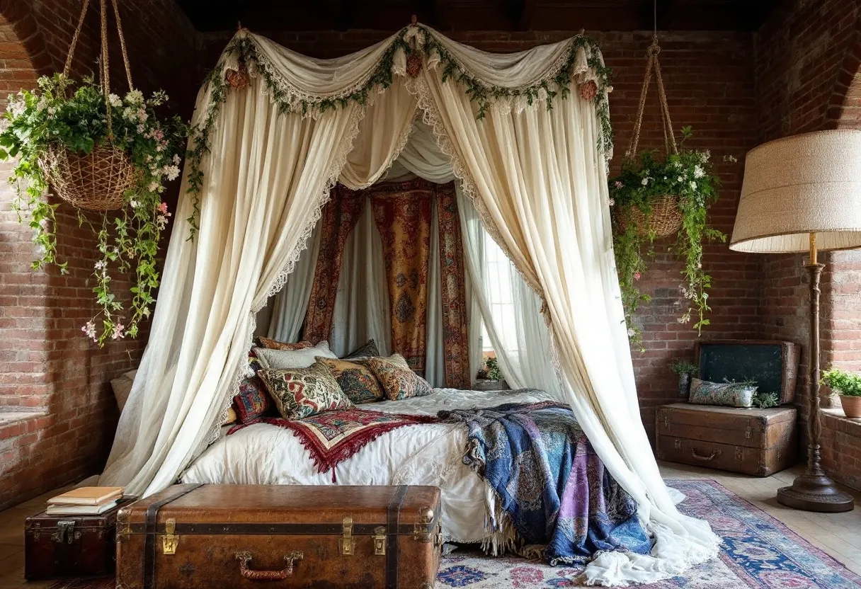 This eclectic bedroom is a harmonious blend of vintage and bohemian elements, creating a cozy and inviting atmosphere. The focal point is the grand canopy bed, draped with luxurious, flowing white curtains adorned with lace and greenery, adding a touch of nature and romance. A variety of pillows in rich, colorful patterns enhance the bed, drawing attention with their intricate designs and textures. A thick, decorative tapestry backdrop complements the bed, intensifying the room's warm and eclectic vibe.

Surrounding the bed, the brick walls give a rustic charm, juxtaposed with lush, hanging plants that bring a vibrant and fresh feel to the space. The floor showcases a traditional patterned rug that ties together the room's rich color scheme. Vintage suitcases at the foot of the bed serve as both decorative elements and functional storage, adding to the room's layered and collected aesthetic. A large, standing lamp with a textured shade provides soft, ambient lighting, enhancing the room's relaxed and cozy appeal.