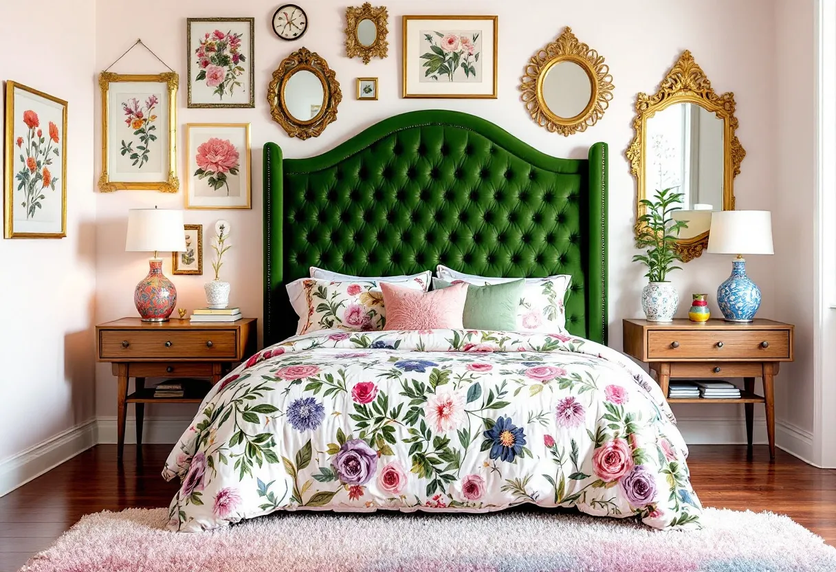 This eclectic bedroom exudes a vibrant and whimsical charm, combining a mix of patterns, textures, and colors that create a welcoming atmosphere. The standout feature is the striking green, tufted headboard, which serves as a bold focal point against the room’s soft pink walls. The floral bedding draws attention with its explosion of colors, featuring various shades of pink, purple, and green. This harmonious blend is complemented by an array of plush pillows in coordinating hues, adding depth and comfort to the bed.

Unique decorative elements adorn the walls, bringing character and individuality to the space. A gallery of framed floral prints and ornate mirrors in golden frames adds an artistic flair and vintage touch. Wooden nightstands on either side of the bed host colorful ceramic lamps and small decorative items, seamlessly tying together the room's diverse elements. The wooden floor and subtle pastel-colored rug complete the setting, imbuing the bedroom with warmth and coziness. This bedroom beautifully showcases the art of mixing and matching styles to create an inviting, eclectic space.