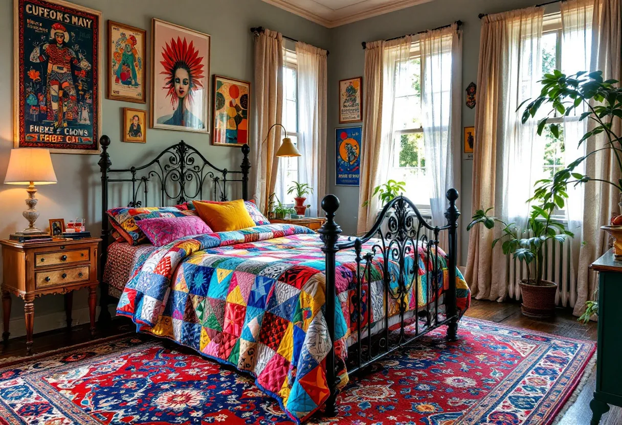 This eclectic bedroom exudes a vibrant and creative energy, combining various elements and styles to create a unique and inviting space. The centerpiece is a metal bed frame adorned with an eye-catching, multicolored patchwork quilt, introducing an array of patterns and hues that complement the room’s bohemian aesthetic. The bed is flanked by a wooden nightstand, topped with a classic lamp, maintaining the vintage charm that resonates throughout the room. Above the bed, a gallery wall features an intriguing mix of artwork, ranging from portraits to abstract pieces, contributing to the room’s artistic atmosphere. The use of diverse frames enhances the eclectic feel, offering a visual journey for anyone stepping into the space.

Natural light floods through sheer curtains, highlighting the rich tones of the large patterned rug laid across the wooden floor. This intricate rug ties together the vibrant elements of the room, providing a warm and cozy foundation. Greenery placed strategically around the room adds a touch of nature, softening the boldness of the decor while refreshing the overall ambiance. This eclectic bedroom masterfully balances color, texture, and artistic flair, creating a harmonious space that invites relaxation and inspiration.