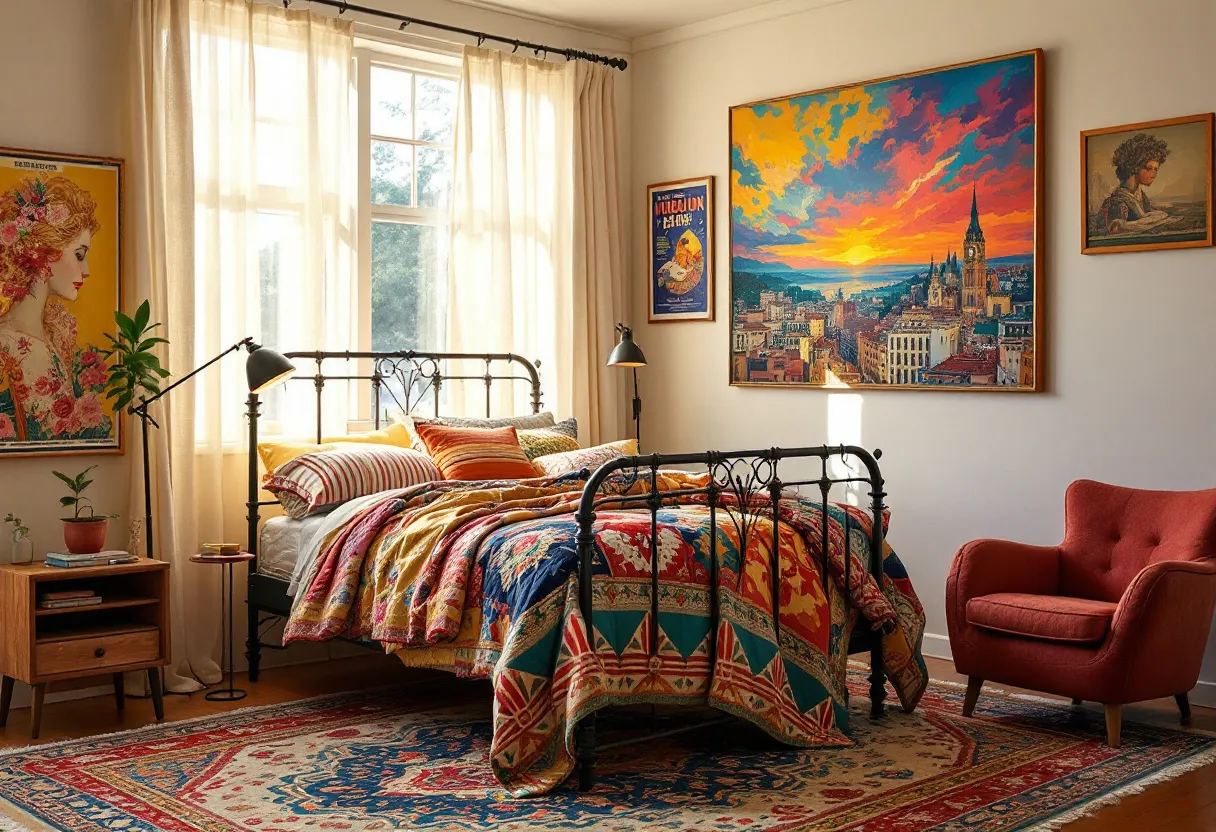 This eclectic bedroom exudes vibrant energy with its colorful blend of patterns and textures. The centerpiece is a black metal bed frame adorned with multicolored blankets and pillows, which introduce a lively mix of reds, yellows, and blues. The bedding draws from various global patterns, enhancing the room's diverse and adventurous spirit. Floor-to-ceiling windows are draped with sheer beige curtains that allow natural light to flood the space, creating a warm and welcoming atmosphere.

Artwork plays a significant role in this room's design, with large, striking pieces adorning the walls. A vivid landscape painting, bursting with warm sunset hues, hangs above the bed, while other walls feature vibrant and varied portraits. The eclectic style is further emphasized by a rich, ornately patterned rug covering the hardwood floor, providing a cozy underfoot experience. An orange armchair in the corner invites relaxation, while a wooden nightstand with a minimalist lamp adds functionality and charm, completing the room's inviting and artistic ambiance.