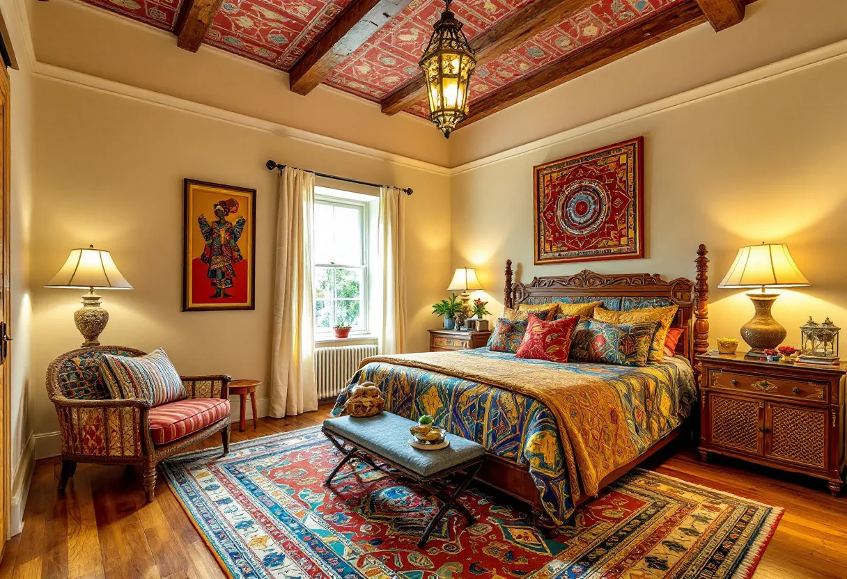 This eclectic bedroom showcases a vibrant blend of colors, patterns, and textures that create a warm and inviting atmosphere. The focal point is the bed adorned with an assortment of richly patterned pillows and a colorful, intricate bedspread that draws the eye. The room is tied together by a large, multi-colored area rug that echoes the hues and patterns of the bed. The wooden headboard and furniture add a touch of rustic charm, complementing the overall theme with their intricate carvings and robust presence.

The decor is enhanced by the unique ceiling, featuring exposed wooden beams and red-patterned wallpaper, which adds a bold statement to the room’s design. Art and cultural motifs are prevalent, with framed artworks adorning the walls and an ornate lantern-style light fixture hanging from the ceiling. The combination of these elements gives the room a worldly, collected feel, while the warm lighting from stylish lamps and the natural light pouring in through the window add to its cozy and serene ambiance.