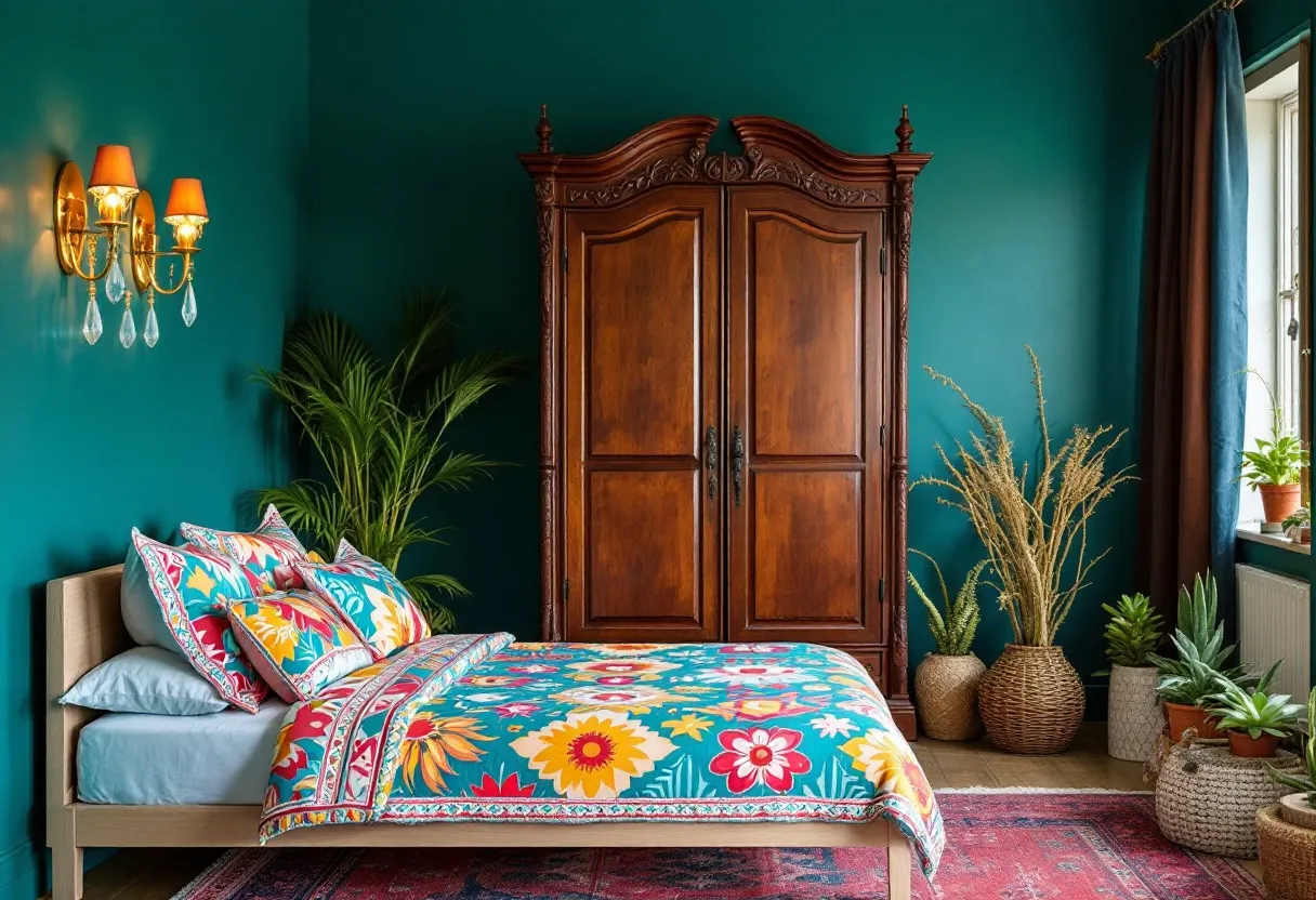 This eclectic bedroom features a harmonious blend of vibrant colors and diverse textures, creating a lively and inviting atmosphere. The rich teal walls set a dramatic backdrop, complementing the intricately carved wooden wardrobe that adds a touch of timeless elegance. The bed is adorned with boldly patterned bedding in bright, cheerful colors like red, yellow, and turquoise, which enhances the room's energetic and playful vibe. Plush pillows add layers of comfort and style.

The room incorporates various natural elements, such as lush green plants strategically placed to add freshness and contrast to the vivid décor. The warm, golden wall sconce lights softly illuminate the space, casting a cozy glow that enhances the room’s warmth. A slightly worn, colorful rug anchors the room and ties together the different elements, emphasizing the room’s eclectic charm. This bedroom successfully marries diverse styles, colors, and textures, encapsulating a lively yet cohesive aesthetic.