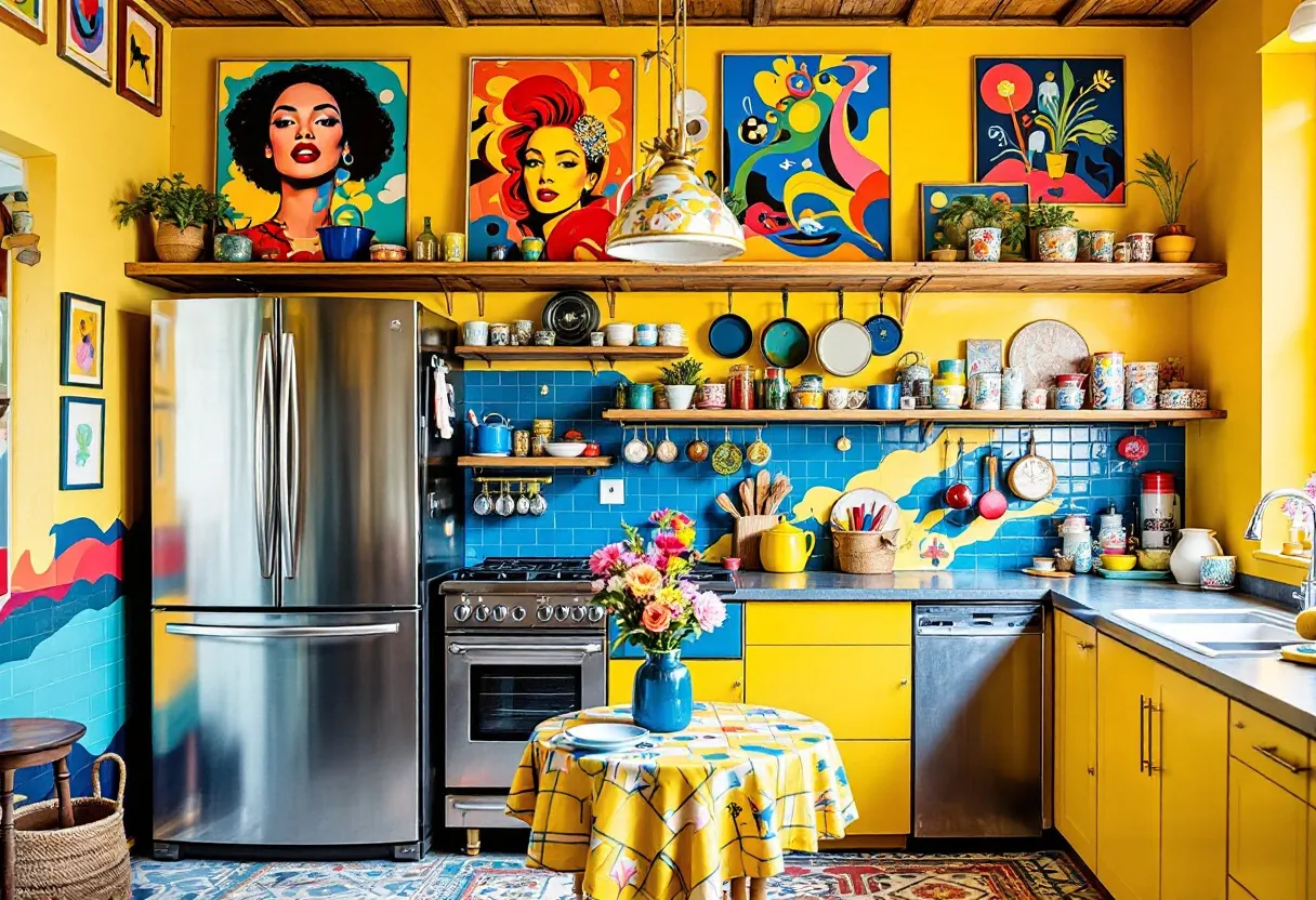 This eclectic kitchen bursts with vibrant colors and bold artistic elements, creating a lively and invigorating atmosphere. The bright yellow walls are adorned with captivating pop art pieces, adding a distinctive character to the space. The artwork features vivid depictions and dynamic color palettes, providing a stimulating backdrop to the kitchen activities. A combination of open shelves holds a variety of eclectic dishware and cookware, showcasing a colorful array of mugs, pots, and plates. The blue tiled backsplash further enhances the energetic ambiance, contrasting beautifully with the yellow cabinetry below.

The decor extends to the floor, where a patterned rug adds texture and warmth to the room. A central table, draped in a geometric tablecloth, is topped with a cheerful bouquet of flowers, further contributing to the kitchen's lively aesthetic. Metal appliances, such as the stainless steel fridge and stove, are seamlessly integrated into the vibrant environment, their sleek surfaces reflecting the surrounding colors. Small potted plants add a touch of nature, softening the bold lines and colors with organic shapes. Overall, this kitchen is a harmonious blend of art, color, and functionality, creating a unique and inviting space.