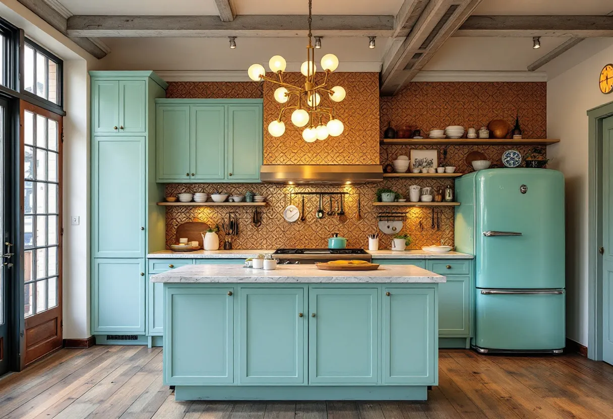 This eclectic kitchen beautifully blends vintage charm with modern flair, resulting in a space that is both inviting and unique. The soft turquoise cabinetry provides a fresh pop of color that contrasts warmly with the intricately patterned copper backsplash. The aged wood flooring adds a rustic touch, enhancing the overall warmth and coziness of the room. Above the island, a striking, retro-inspired chandelier with globe lights offers a nod to mid-century design elements.

Open shelving adorned with a variety of dishes and decorative pieces contributes to the eclectic ambiance, allowing for a personal and lived-in feel. The combination of open shelves and closed cabinets maintains functionality while showcasing personality. The vintage-style turquoise refrigerator harmonizes with the cabinetry, creating a cohesive look. Meanwhile, a mix of modern stainless steel appliances ensures practicality, seamlessly integrating into the kitchen's creative aesthetic.