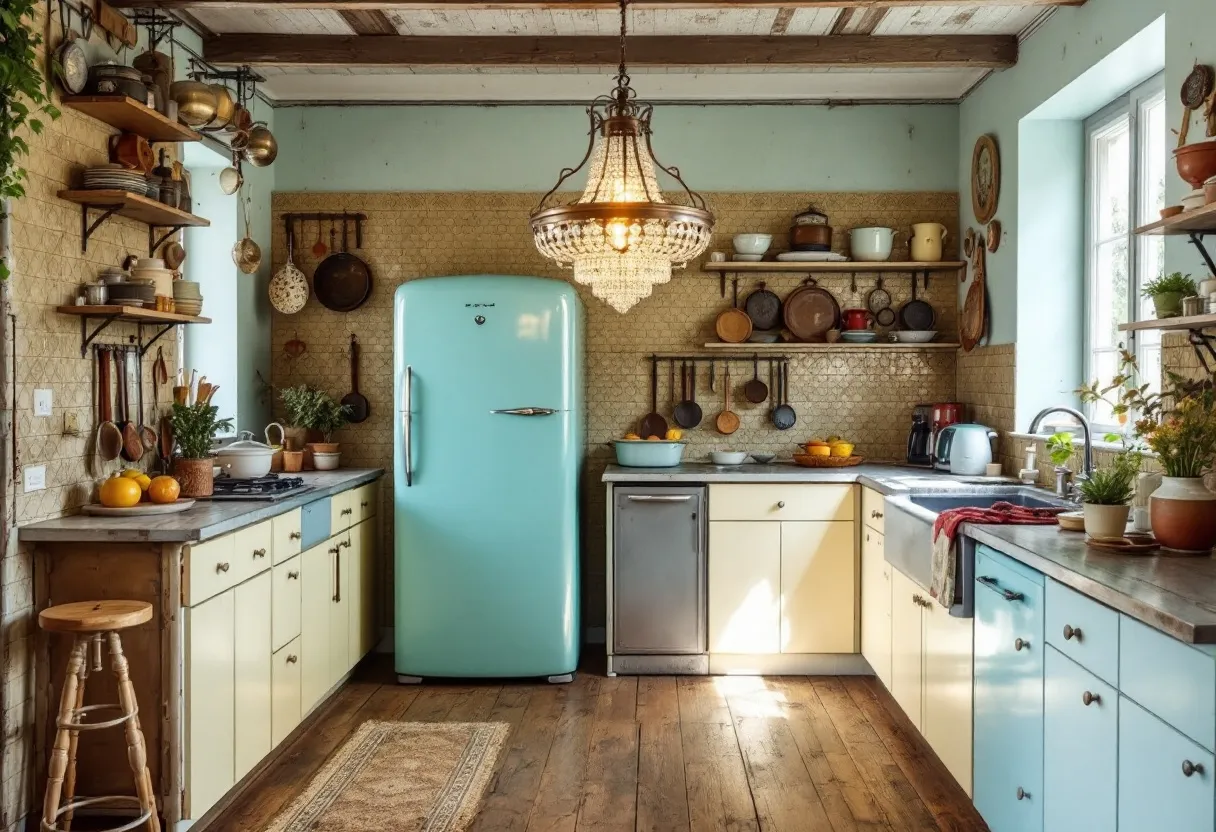 This eclectic kitchen combines vintage charm with functional modernity, featuring a striking pastel blue refrigerator that immediately captures attention. The cabinetry showcases a soft yellow hue, complementing the fridge and enhancing the retro vibe. Light wooden floors ground the space with warmth, while an ornate chandelier hanging from the ceiling adds a touch of elegance and whimsy. 

Open shelving lines the walls, displaying an array of dishes and cookware, emphasizing both utility and aesthetic appeal. A variety of pots, pans, and utensils are hung neatly, creating a casual yet organized atmosphere. Lush greenery and vibrant fruits bring bursts of natural color, imbuing the kitchen with a lively, welcoming feel. Overall, the space perfectly blends old-world charm and contemporary flair.