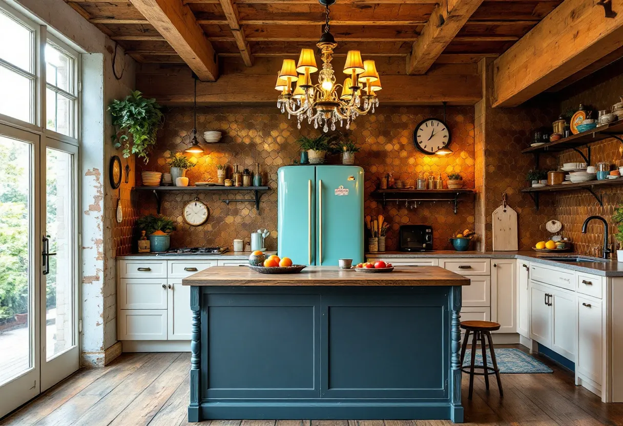 This eclectic kitchen seamlessly blends rustic charm with contemporary flair, creating a warm and inviting space. The exposed wooden beams and textured ceiling contribute to a cozy, rustic atmosphere, while the polished hardwood floors add a touch of elegance. A vibrant turquoise refrigerator serves as the room’s focal point, infusing the space with a pop of color that contrasts beautifully with the earth-toned cabinetry and countertops. The chandelier, adorned with crystal embellishments, adds a hint of opulence, balancing the rustic elements with a touch of sophistication.

Natural light floods in through large glass doors, enhancing the kitchen's open and airy feel. The walls are adorned with a decorative mosaic pattern that mirrors the warm tones of the wooden framework, and various plants dispersed throughout the kitchen bring in a fresh, organic element. Open shelving lined with dishes and kitchen essentials contributes to the functional, yet homey environment, ensuring the space is both practical and stylish. Overall, this kitchen is a harmonious blend of contrasting elements, making it a truly unique and inviting setting.