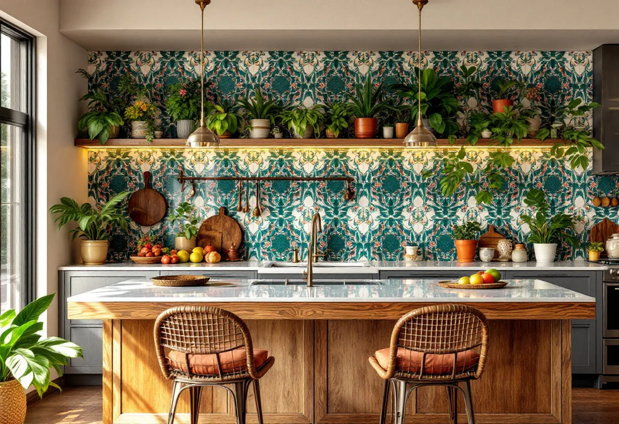 This eclectic kitchen beautifully combines vibrant patterns and natural elements to create an inviting and lively atmosphere. The standout feature is the bold, patterned wallpaper that adds a touch of artistic flair, setting a whimsical tone for the space. The abundance of potted plants on the shelf above the counter introduces a fresh, organic ambiance, enhancing the overall warmth and vitality of the kitchen. The combination of various plants and earthy tones blends harmoniously with the bold backdrop, offering a sense of lush, indoor greenery that appeals to nature lovers.

The central kitchen island features a smooth marble countertop and warm wood base, acting as a focal point and gathering area. The use of wicker chairs with cushioned seats complements the natural theme, while the overhead pendant lights provide an elegant touch that balances modernity with rustic charm. This kitchen makes excellent use of textures and colors, creating a space that is as comfortable as it is stylish, perfect for both culinary creations and social gatherings.