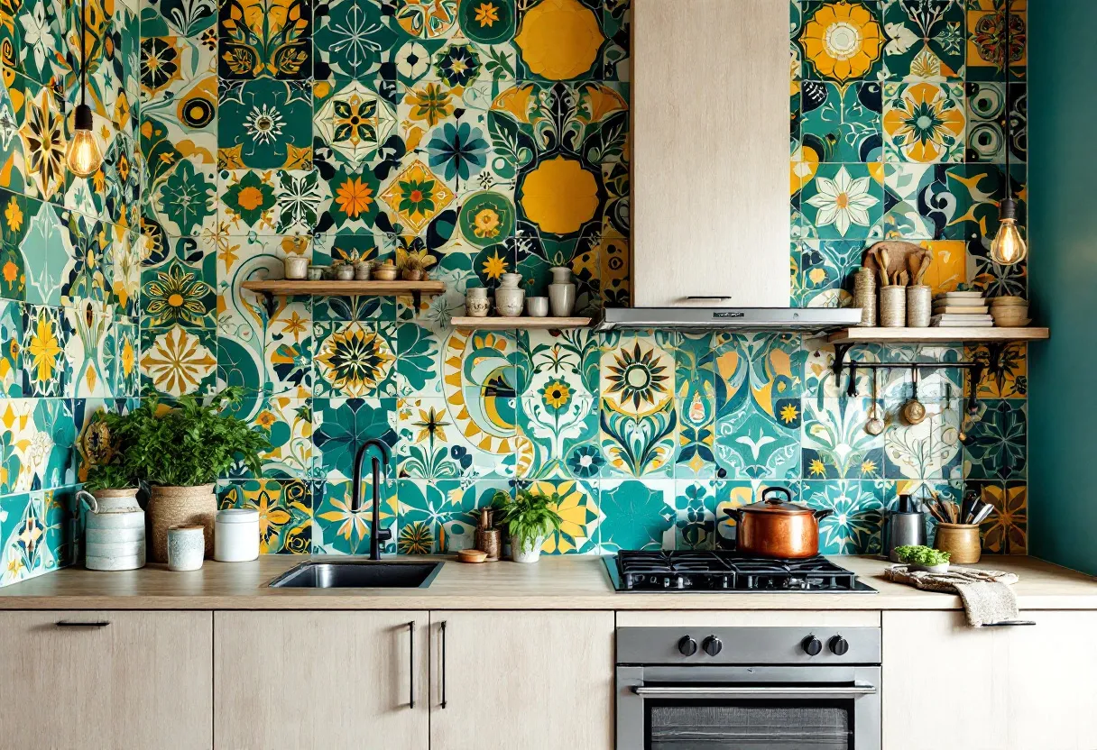 This eclectic kitchen bursts with vibrant colors and intricate patterns, radiating a lively and artistic atmosphere. The backsplash is the centerpiece, featuring an array of intricately patterned tiles in teal, yellow, and green, which create a dynamic tapestry of floral and geometric designs. The variations in tile patterns contribute a playful complexity, making the kitchen feel both unique and inviting. Complementing the wall, the pendant lights with exposed bulbs add a touch of industrial charm, contrasting effectively with the organic and colorful motif.

Open wooden shelves display a curated selection of kitchenware and potted plants, adding texture and personal warmth to the space. The countertop, in a subtle wood finish, provides a neutral contrast that balances the bustling backdrop, while the sleek appliances maintain a modern edge. Overall, this kitchen is a harmonious blend of vivid colors, organic elements, and contemporary design, providing both a functional workspace and an inspiring setting for culinary creativity.