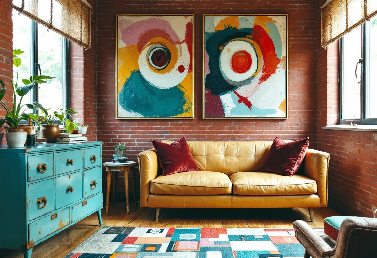 This eclectic office exudes a vibrant and artistic charm, combining various textures and colors to create a visually stimulating environment. The focal point is a mustard yellow leather couch adorned with plush burgundy pillows, providing a cozy seating area against a backdrop of exposed brick walls. Above the couch, two large abstract paintings add a burst of color and dynamic energy, their bold swirls of red, blue, and orange reflecting the room's vibrant personality.

To the left of the couch, a distressed turquoise sideboard introduces a vintage appeal, its surface dotted with an assortment of potted plants, adding a touch of nature and freshness. Beneath it, a geometric-patterned rug with an array of colors and shapes ties the room together, offering a contrasting yet harmonious blend of modern and retro aesthetics. Overall, the office space tells a story of creativity and comfort, inviting occupants to linger and enjoy the eclectic mix of design elements.