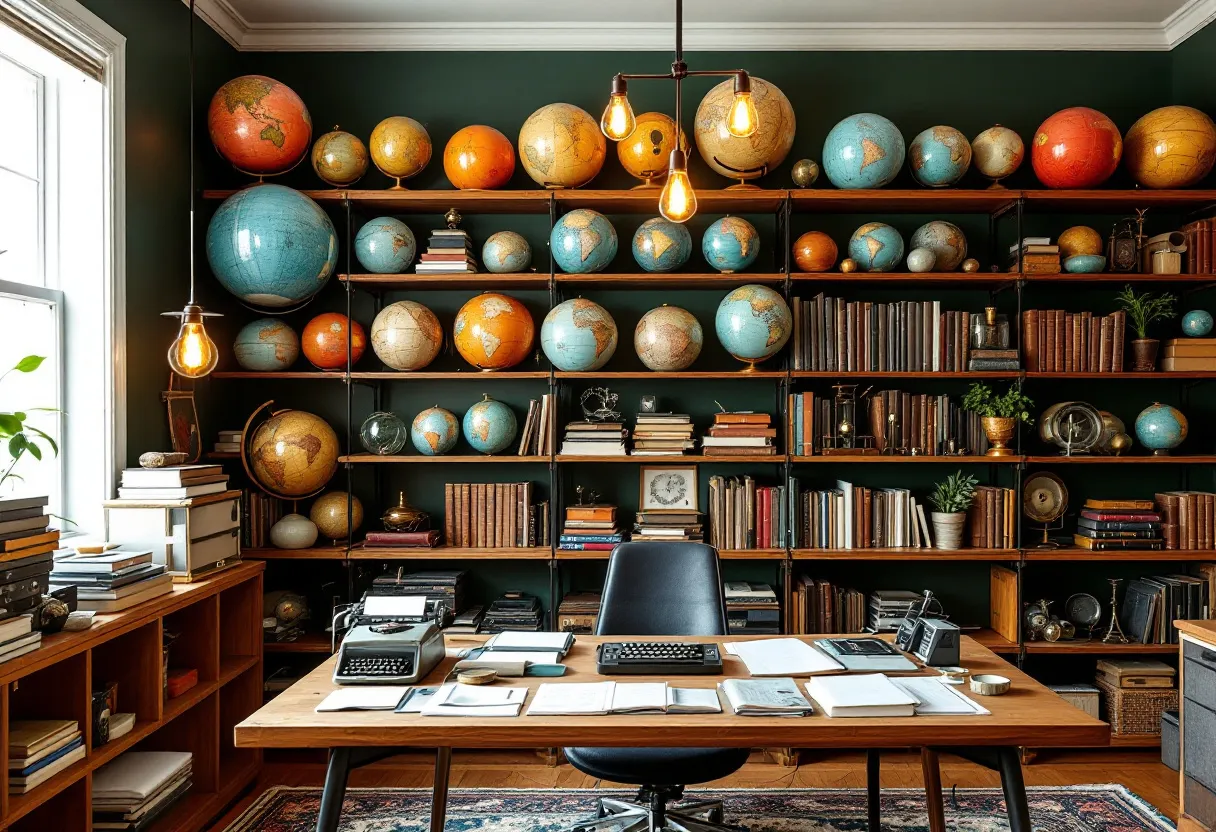 This eclectic office exudes a sense of old-world charm combined with intellectual curiosity. The space is defined by a striking wall of shelves filled with a diverse collection of globes, creating a visually engaging backdrop. The globes range in size and color, their presence lending an air of wanderlust and exploration. Below the globes, shelves are lined with an array of books, their spines offering a patchwork of earthy tones. The vast collection suggests a well-read inhabitant with varied interests, adding depth and character to the room.

In the center of the office, a wooden desk takes prominence, neatly arranged with typewriters and an assortment of papers, evoking a sense of nostalgia. The desk’s surface is organized yet lively, suggestive of an active workflow. Soft lighting from exposed bulb fixtures hangs from the ceiling, casting a warm glow over the space. Potted plants interspersed among the shelves bring a touch of nature indoors, contributing to the room’s warmth and inviting atmosphere. Overall, this office blends elements of history, travel, and scholarly pursuits, making it both a productive and inspiring environment.