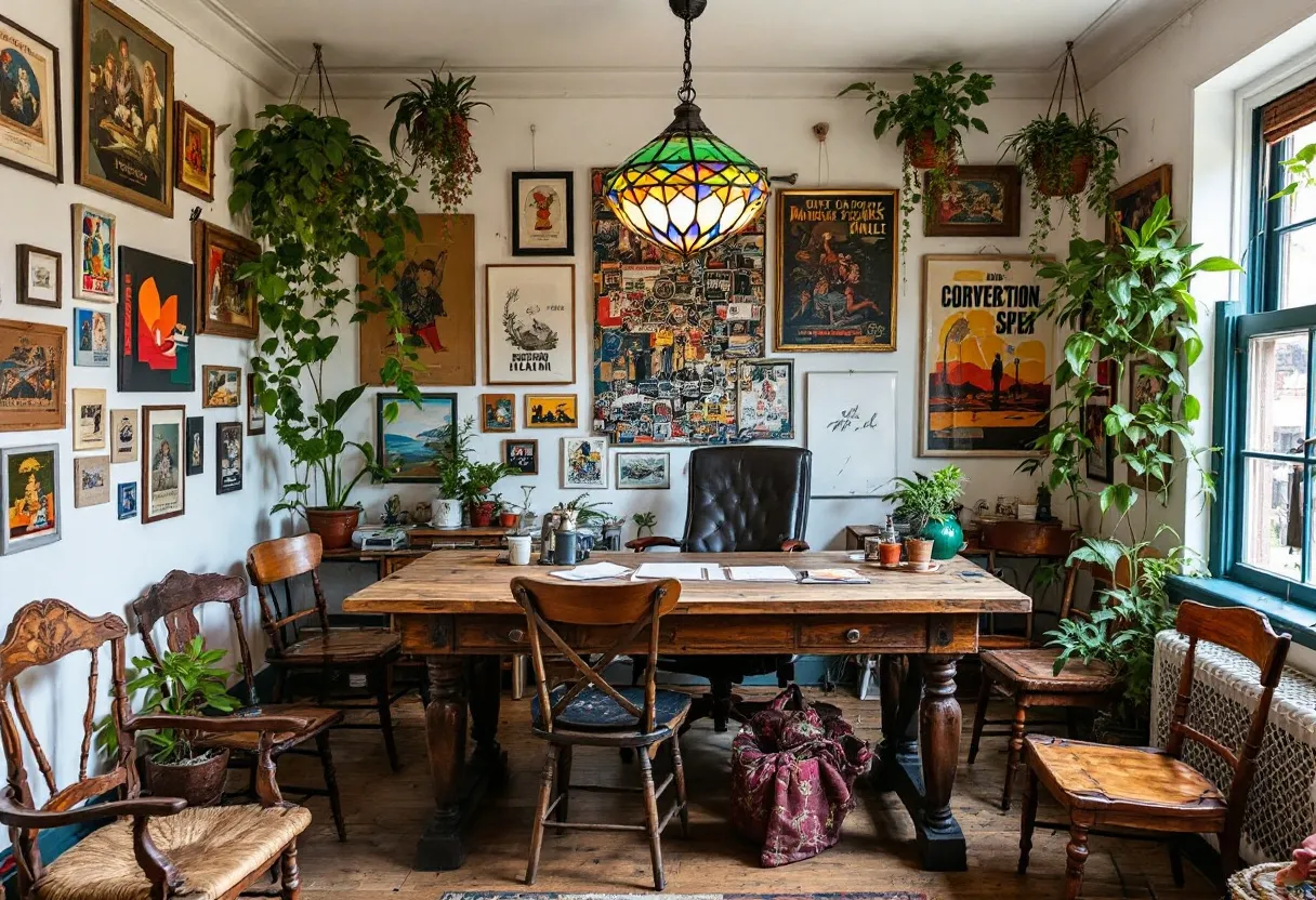 This eclectic office exudes a warm and vibrant atmosphere, characterized by an impressive blend of vintage and nature-inspired elements. The space features a wooden desk that is sturdy and central, surrounded by an assortment of mismatched chairs, each adding its own unique charm. The walls are a canvas of eclectic art, adorned with a variety of framed posters and prints, ranging from bold, modern designs to classic, nostalgic pieces. A stunning stained-glass pendant light hangs from the ceiling, casting colorful reflections that enhance the room's inviting ambiance.

Plants play a significant role in this office, with lush greenery cascading from hanging planters and occupying various corners of the room. They add a fresh, organic element that complements the natural wood tones of the furniture. The large window serves as a source of soft, natural light, accentuated by its teal frame, bringing out the vibrant colors of the artwork and leaving a tranquil impression. The combination of diverse artworks, greenery, and vintage furnishings melds into a cohesive space that is both inspiring and comfortable, making it ideal for creativity and reflection.