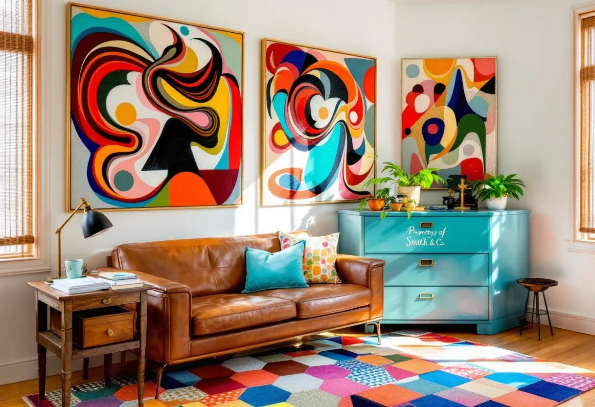 This eclectic office exudes a vibrant and creative atmosphere, characterized by bold and colorful elements. The walls are adorned with striking abstract art pieces that infuse the space with energy, showcasing a mix of swirling patterns and vivid hues. A brown leather sofa takes center stage, adorned with a variety of pillows that add splashes of color. The mix of textures and colors in the room creates a dynamic yet cozy ambiance.

Adding to the eclectic charm, a blue chest of drawers stands against the wall, topped with potted plants that bring a touch of nature indoors. A geometric-patterned rug lies beneath, tying the room together with its complementary array of colors. Beside the sofa, a wooden side table with a classic design hosts a small lamp, blending functionality with style. The room's elements combine to create an inspiring and lively office space that invites creativity and productivity.