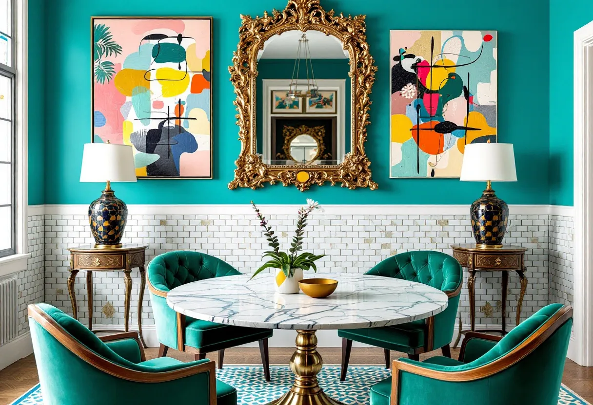 This eclectic office exudes a vibrant, artistic flair, featuring a harmonious blend of colors and patterns that create a lively yet sophisticated atmosphere. The walls are painted in a rich teal, providing a bold backdrop for the space. Two colorful abstract paintings add an energetic touch, introducing hues like yellow, red, and blue into the room. The ornate gold mirror between the paintings adds a touch of elegance and classical charm, reflecting the stylish décor while drawing the eye with its intricate design.

The furniture in the office complements the colorful aesthetics with a touch of luxury. The central round table features a marble top with a polished gold pedestal, introducing a sense of opulence. Surrounding the table are plush, teal velvet chairs, their deep color and soft texture enhancing the room's inviting comfort. On either side of the mirror, antique-style side tables hold decorative lamps, their bases adorned with a detailed pattern, adding layers of visual interest. A subtle, geometric-patterned rug in similar teal tones anchors the space, tying the eclectic elements together in a cohesive design.