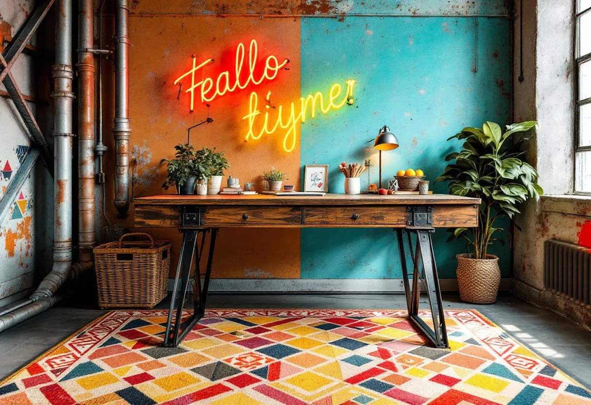 This eclectic office is a striking blend of industrial and bohemian elements. The wall is painted in two bold hues: a rustic orange and a vibrant turquoise, which create a vivid backdrop. A neon sign adds a playful touch to the space, its warm glow complementing the colors of the wall. The metal pipes running along one side of the room introduce an industrial vibe, balancing the warmth of the wooden furnishings. The desk, crafted from rich, grained wood with sturdy black metal legs, serves as a focal point. It is adorned with an assortment of items, including potted plants, framed art, and a basket of fruits, infusing the area with natural and personal touches.

The flooring is an eye-catching feature, with a geometric patterned rug in bright shades that harmonize with the overall color scheme. The vibrant reds, yellows, and blues in the rug tie together the disparate elements, creating a cohesive look. A tall potted plant adds a layer of green, bringing a fresh, nature-inspired atmosphere to the office. The natural light streaming through the large windows enhances the colors and textures within the room, creating an inviting and dynamic workspace that blends creativity with functionality.