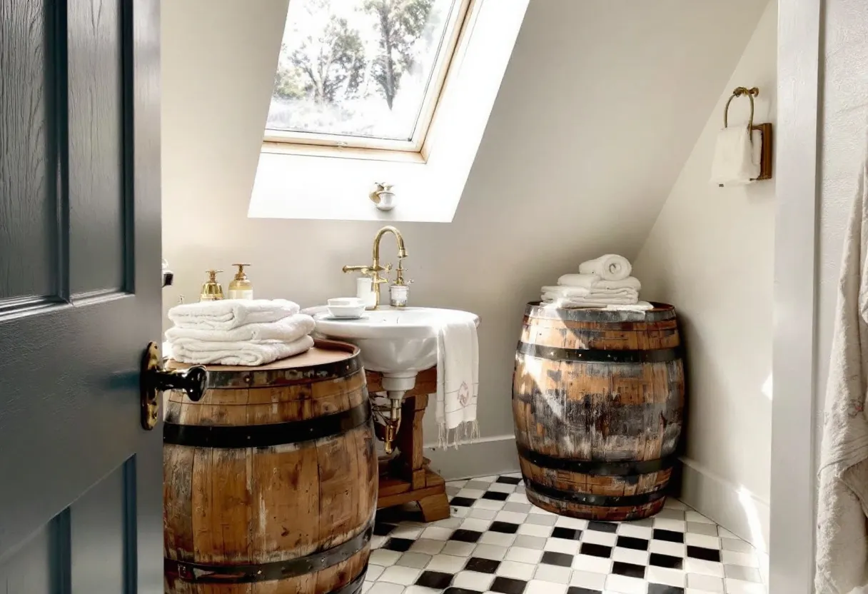 This farmhouse bathroom exudes rustic charm with its use of natural materials and cozy design. The standout features are the two large, wooden barrels that sit prominently within the space, cleverly repurposed as functional elements. Their textured wood and rustic finish add a touch of vintage appeal, complementing the farmhouse aesthetic. The barrels serve as a creative alternative to traditional storage, adorned with neatly folded white towels that contrast with the rich, warm tones of the wood.

The black and white checkered floor tiles add a classic touch to the bathroom, enhancing its timeless appeal. At the center, a chic pedestal sink with an elegant brass faucet is positioned under a skylight, allowing natural light to flood the space and highlight the inviting and airy atmosphere. The sloped ceiling adds character to the bathroom, while neutral wall colors maintain a serene and calming environment. Overall, this bathroom combines functionality with an artistic design, making it a cozy and inviting retreat.