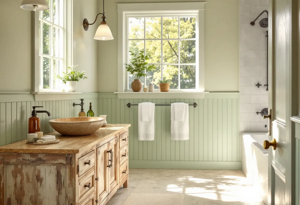 This farmhouse bathroom exudes a warm, rustic charm with its thoughtfully curated design elements. The dominant feature is a large, distressed wooden vanity with multiple drawers and cabinets, providing ample storage while adding to the rustic aesthetic. Atop the vanity sits a striking vessel sink carved from stone, paired with elegant black faucets that enhance the vintage feel. Above the sink, a single, classic sconce light fixture with a white shade offers soft illumination, creating a cozy atmosphere.

The walls are clad in light green beadboard paneling, which enhances the farmhouse look and harmonizes with the soft color palette. A large window allows natural light to flood the space, adorned with potted plants that bring a touch of nature indoors. The white towels neatly hung on a black rod add to the bathroom’s serene and clean feel. In the corner, a tub with white subway tiles and a classic showerhead maintains the simplicity and functionality characteristic of farmhouse design. The overall ambiance is one of tranquility and timelessness, inviting relaxation and comfort.