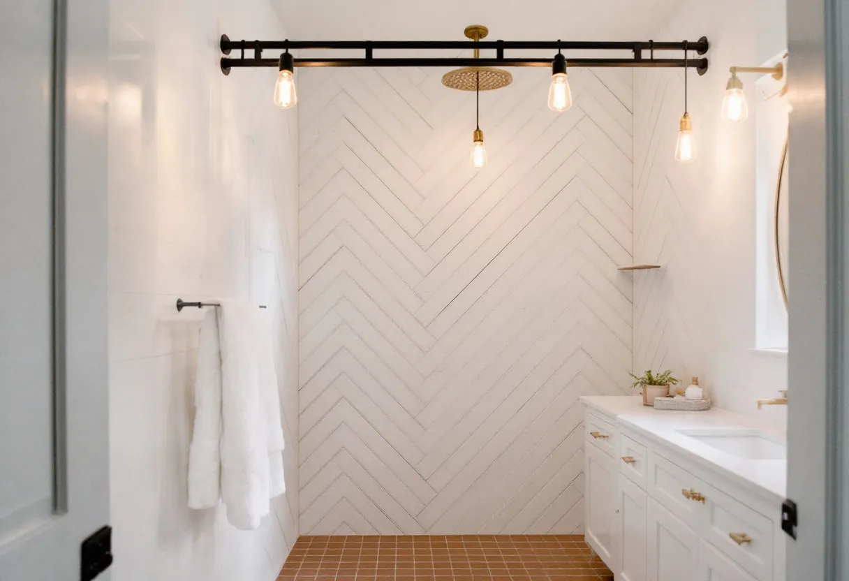 This farmhouse bathroom showcases a harmonious blend of rustic charm and modern elegance. The focal point is a chevron-patterned wall, which adds a subtle texture to the space and enhances the clean, white aesthetic. Hanging delicately from a simple black fixture, exposed light bulbs imbue the room with a warm, inviting glow, creating a cozy atmosphere that complements the natural wood tones of the floor. 

The elegant vanity, topped with a smooth countertop, is accompanied by understated brass hardware, lending an element of sophistication to the design. To the side, a small shelf and understated decorative elements, like the potted plant, bring a touch of nature indoors, enhancing the serene and welcoming feel of the bathroom.