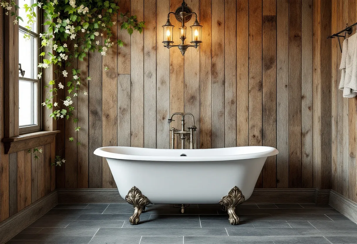 This farmhouse bathroom exudes a rustic charm with its warm, natural wood paneling that lines the walls. The wooden planks are rich in earthy tones, creating a cozy and inviting atmosphere. A large, freestanding clawfoot bathtub takes center stage, its elegant legs adding a touch of classic sophistication. Above the bathtub hangs a chandelier-style light fixture, casting a soft, ambient glow that enhances the room's serene vibe.

The bathroom also features a window adorned with lush greenery, allowing natural light to illuminate the space and bring a hint of the outdoors inside. The grey stone tiles on the floor provide a modern contrast to the wooden textures while complementing the overall rustic aesthetic. A towel hangs neatly from a wrought iron towel rack, adding to the farmhouse feel and emphasizing functionality within the stylish design.