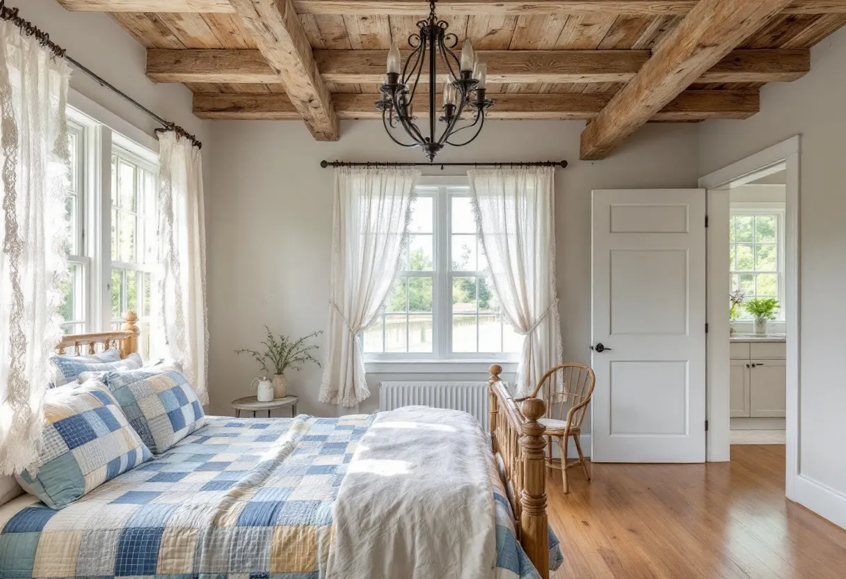 This farmhouse bedroom exudes rustic charm with its wooden beamed ceiling, evoking a sense of warmth and countryside nostalgia. The ceiling's rich, natural wood tones contrast beautifully with the light gray walls, creating a cozy and inviting atmosphere. A simple, elegant chandelier hangs from the center of the room, adding a touch of sophistication to the space. Large windows are adorned with sheer, white curtains that allow ample natural light to fill the room, enhancing its airy and tranquil ambiance.

The room features a wooden bed frame, reflective of classic farmhouse style, dressed with a patchwork quilt in calming shades of blue and cream. A bedside table holds a small vase with greenery, bringing a touch of nature indoors. The hardwood floor complements the overall rustic theme, while a simple wooden chair sits unobtrusively in the corner next to an open door, leading to another space. The overall design combines simplicity and comfort, offering a serene retreat.