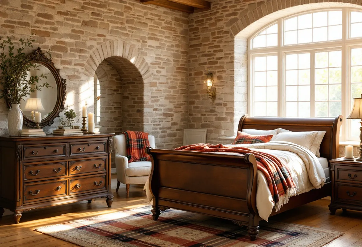 This farmhouse bedroom exudes warmth and charm, characterized by its rustic yet elegant design. The stone walls add a textured, earthy backdrop that harmonizes with the wooden furniture, creating a cohesive, welcoming atmosphere. A large, arched window allows natural light to flood the room, enhancing the natural tones and creating a bright, airy feel. The wooden bed frame, with its rich finish, serves as the room’s centerpiece, providing a classic touch that complements the overall farmhouse aesthetic. The bed is adorned with a cozy, plaid throw, accentuating the room's inviting vibe.

The room features a beautifully crafted wooden dresser with ornate details, topped with decorative items like candlesticks and a potted plant, adding a touch of sophistication. Above the dresser, a round mirror with an intricate frame reflects the natural light, further brightening the space. An upholstered chair draped with a plaid fabric ties in with the bed's throw, offering a cozy corner for relaxation. The use of soft, neutral tones alongside rich wood provides a balanced, serene environment perfect for a restful escape.