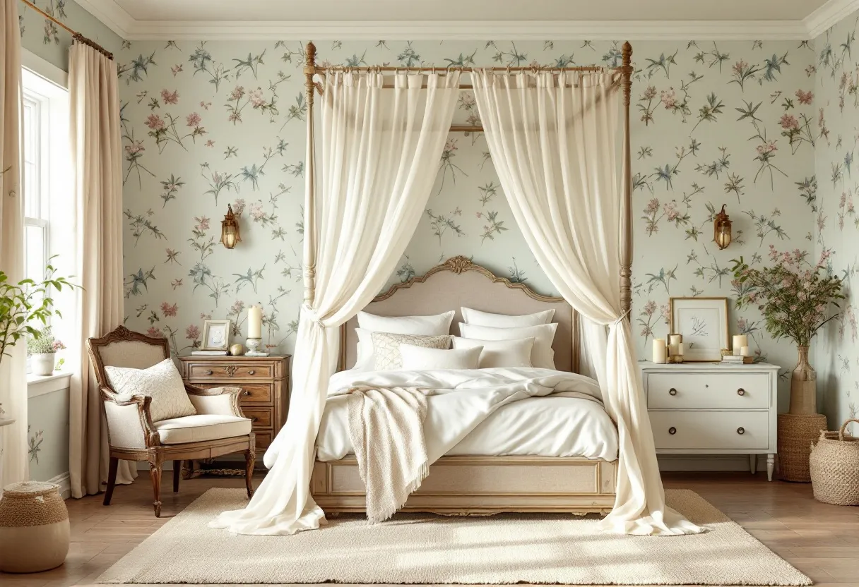 This farmhouse bedroom exudes a charming and serene atmosphere, perfectly blending rustic elements with elegant details. The room features a classic four-poster bed draped with sheer, cream-colored curtains, creating a romantic and cozy focal point. The bedding is layered with plush pillows and a soft throw, enhancing the room's inviting ambiance. 

The walls are adorned with floral wallpaper in soft pastel hues, complementing the wooden floors and the light, natural tones of the furniture. A quaint wooden chair with an accent pillow is positioned near a window, offering a peaceful nook for relaxation. The room is accessorized with elegant touches, such as the vintage-style bedside lamps and framed artwork, which add character and warmth. Overall, the bedroom captures the essence of a tranquil country retreat.